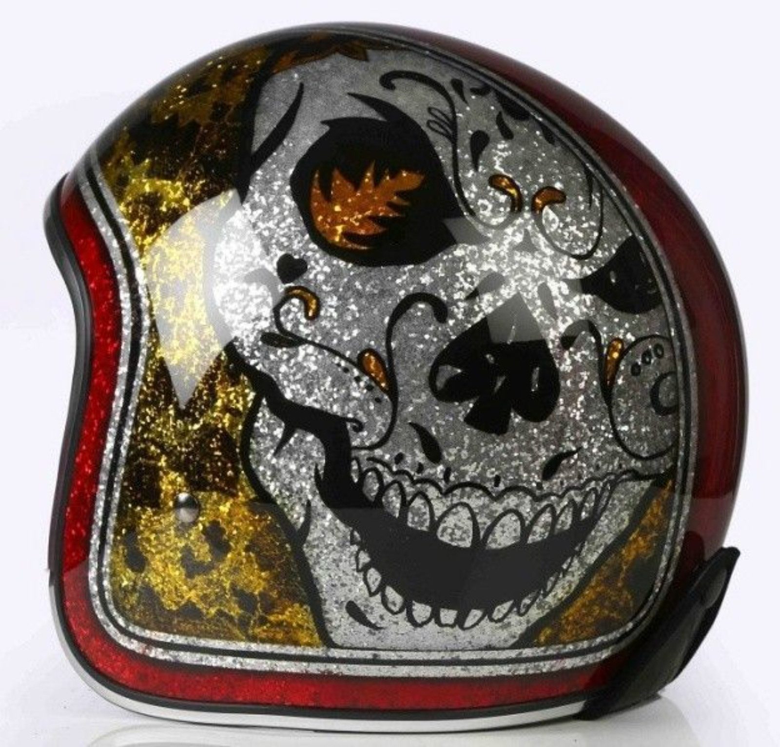 Alpha Speeds Motorradhelm ATELIER — Blaze Skull Red, Jet-Helm • Fiberglas • Custom Skull Rot, nur ca. 800 g, inkl. herausnehmbare Wangenpolster, Slim & Smart Fit