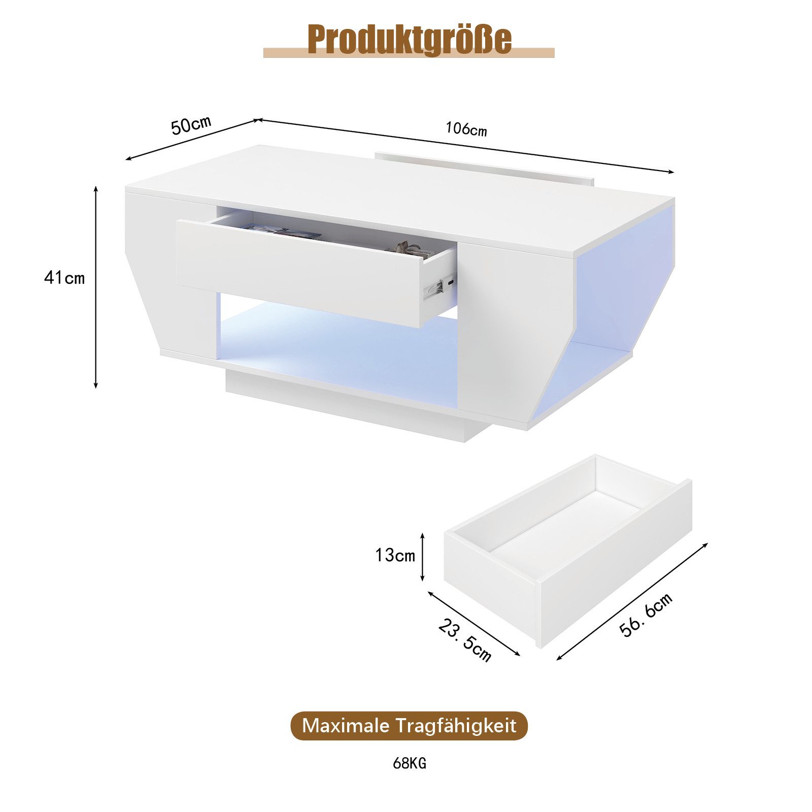 radelldar Couchtisch mit LED-Beleuchtung & 2 Schubladen, Hochglanz-Weiß/Schwarz (1-St), Boot-Form Design, Fernbedienung für dein Wohnzimmer – Bild 2 von 5
