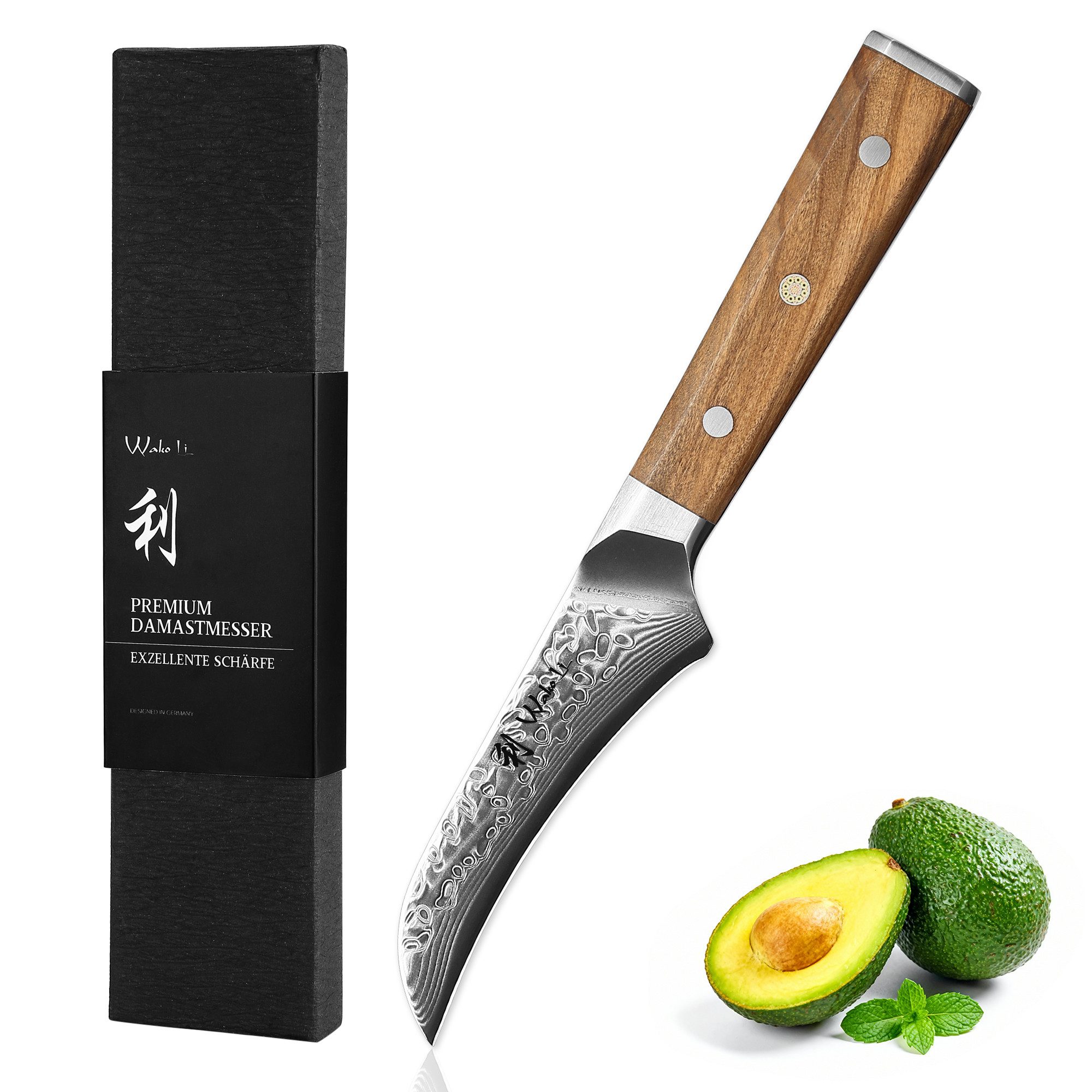 Wakoli Schälmesser Oribu Damast Schälmesser Küchenmesser 8,5 cm Klinge Olivenholzgriff, aus 67 Lagen Damaststahl, VG-10