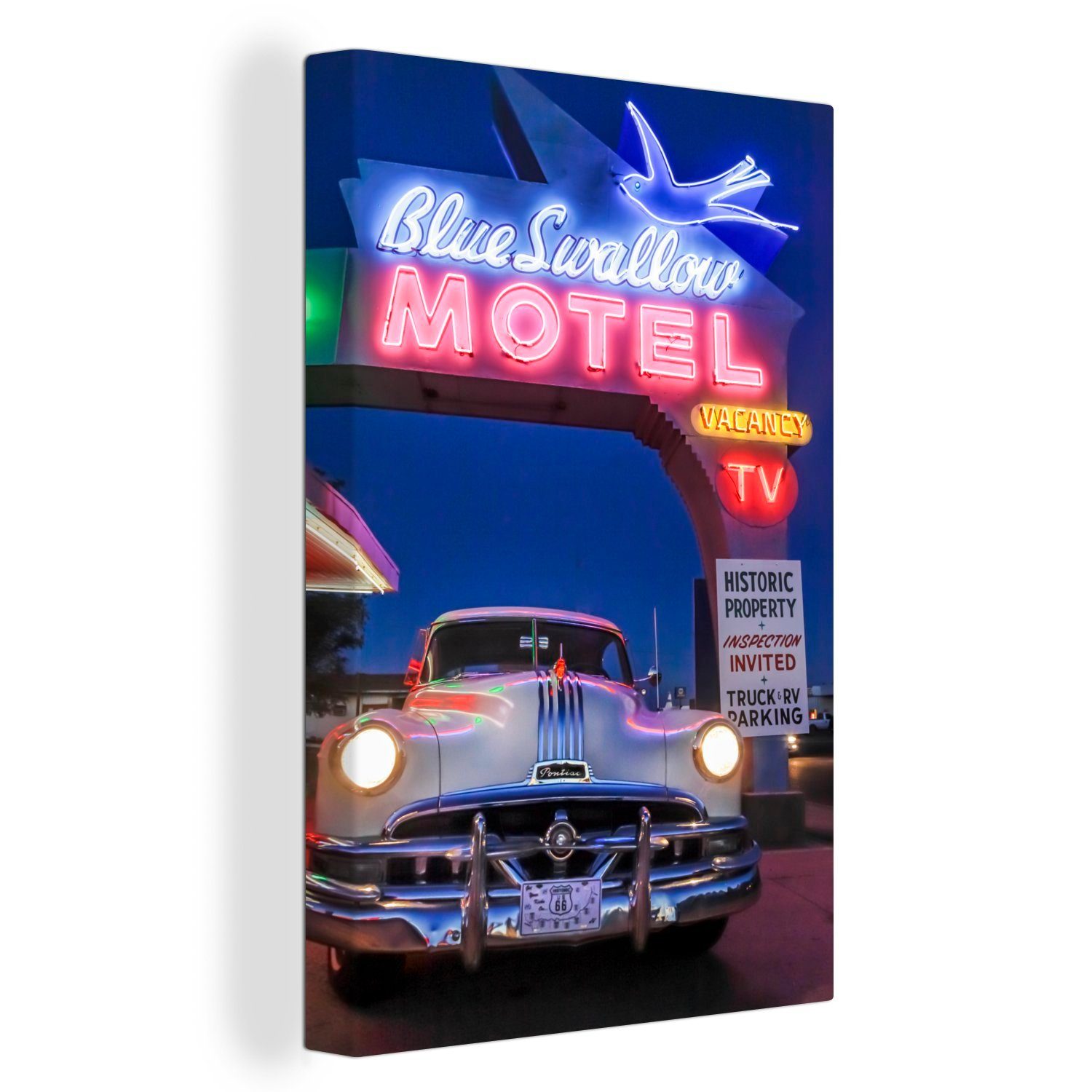 OneMillionCanvasses® Leinwandbild Oldtimer im Motel, (1 St), Leinwandbild fertig bespannt inkl. Zackenaufhänger, Gemälde, 20x30 cm