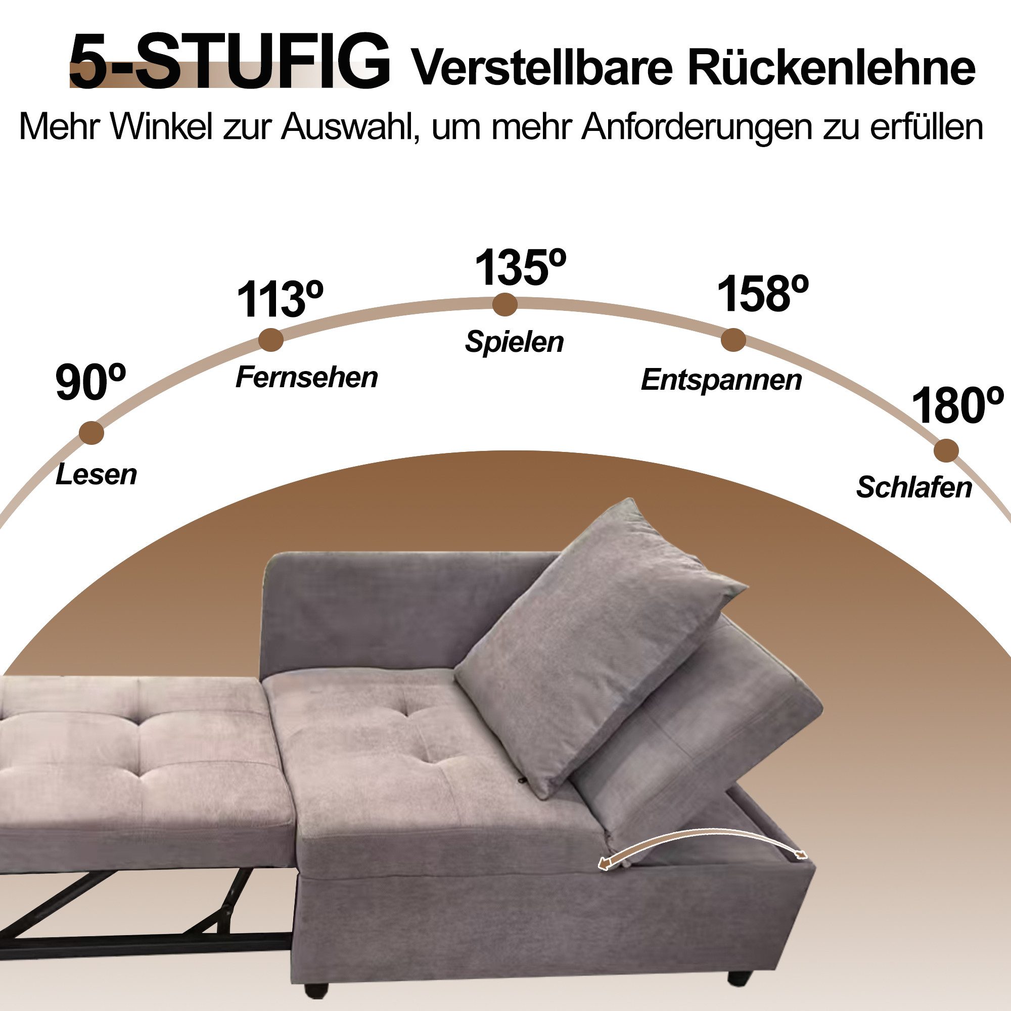 KLAM HOME Schlafsofa Polsterbett Schlafsofa 3 in 1 Multifunktions-Schlafsofa, Leinenstoffsofa mit verstellbarer Rückenlehne, für kleine Räume – Bild 5 von 5