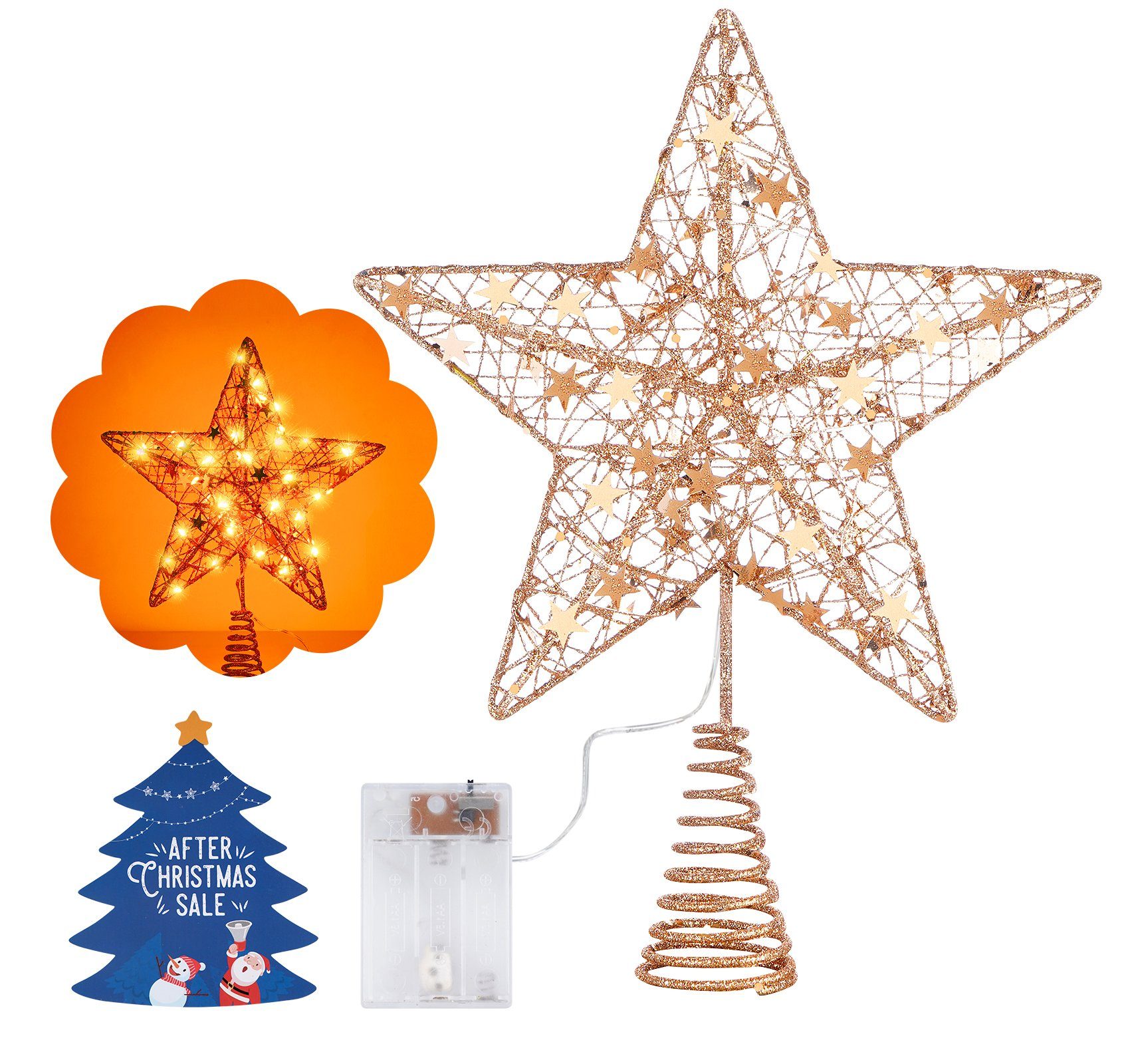 Homewit Christbaumspitze LED Christbaumschmuck Weihnachtsbaumspitz Stern Weihnachtsbaum Deko (1-tlg), mit Glitzer LED warme Lichter Weihnachtsbaumdekoration Stern-Roségold