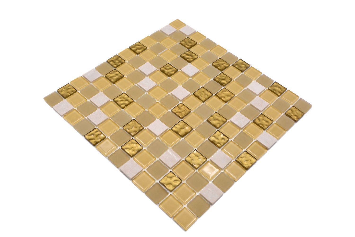 Mosani Mosaikfliesen selbst­kle­bende Naturstein Glasmosaik Fliesen 30x30 cm weiss gold, Spritzwasserbereich geeignet, Küchenrückwand Spritzschutz