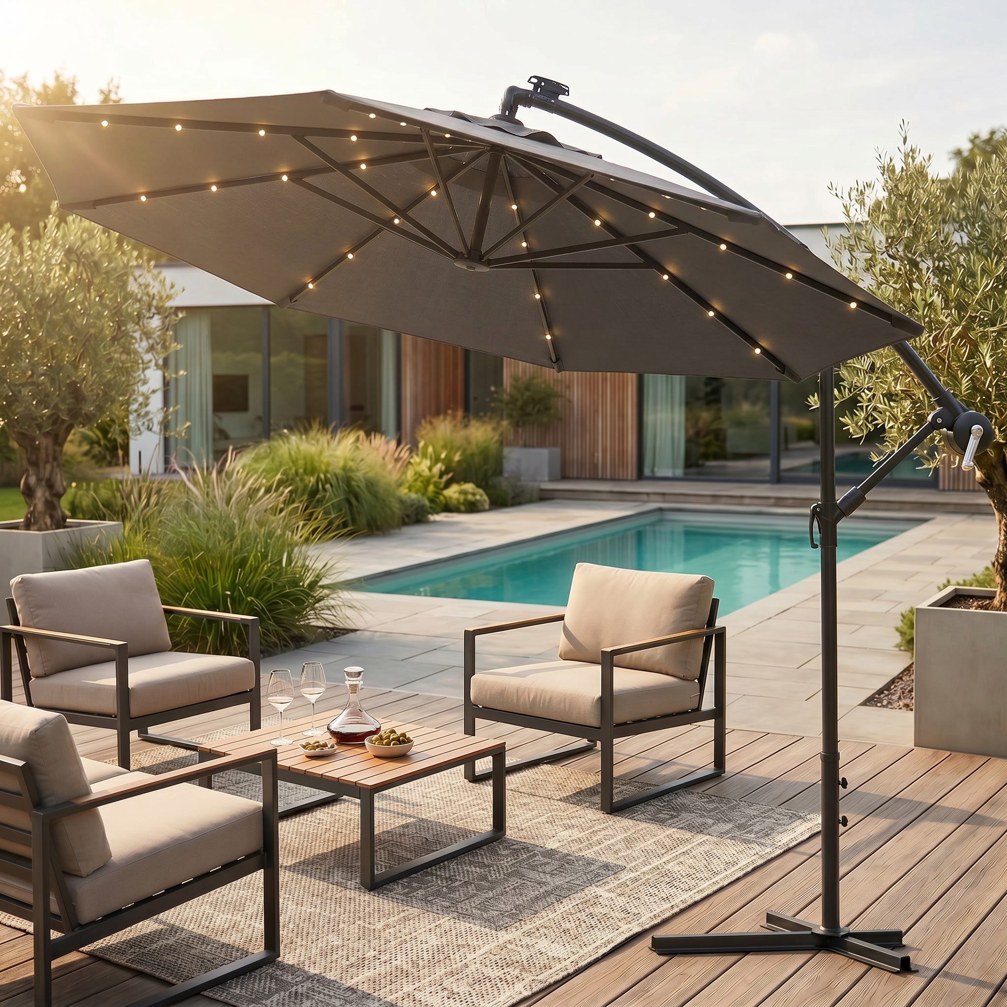 Swing&Harmonie Sonnenschirm mit LED Beleuchtung Luxus Ampelschirm 300 / 350cm, Garten Schirm inkl. Abdeckhaube