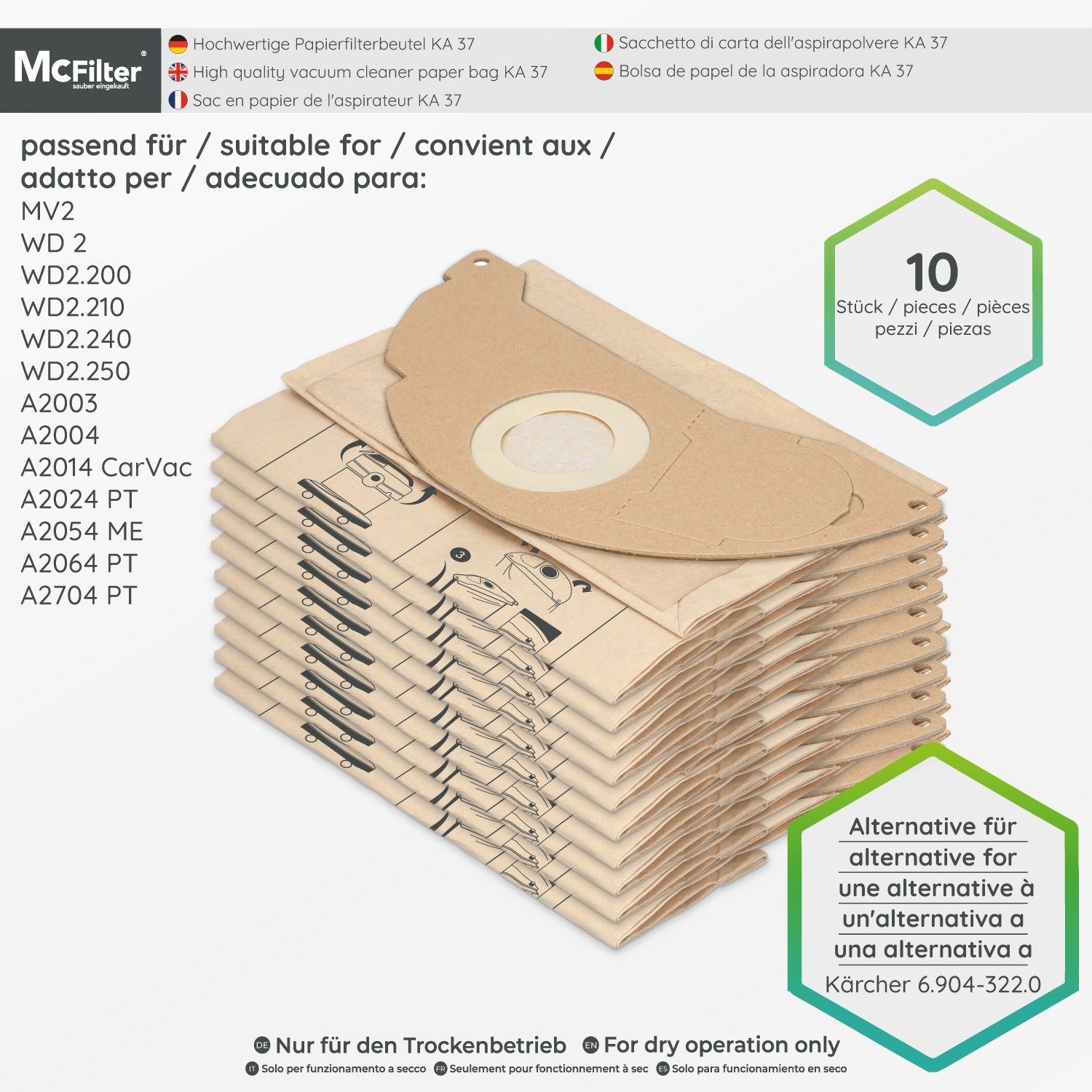 Hohe Kärcher A2064 Stück) 2-lagig (10 2064 Formstabile für geeignet McFilter 6.904-322.0, Kärcher Staubsaugerbeutel Deckscheibe, A Reißfestigkeit, passend PT 10 St., Staubsauger, für