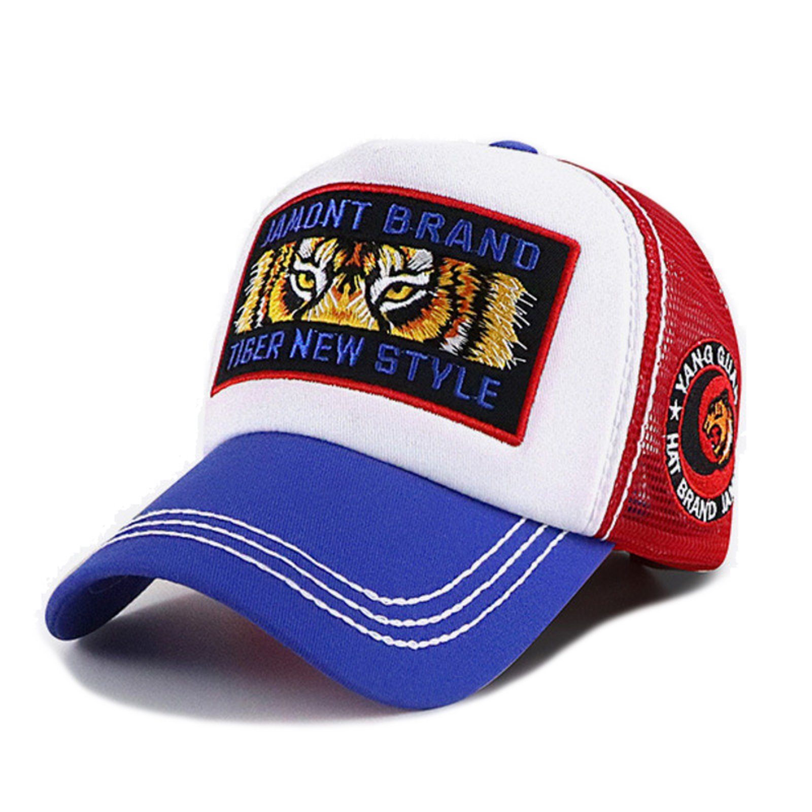 Sporty Trucker Cap Tiger Retro Trucker Mesh Cap Baseballcap seitlicher Patch blau/rot