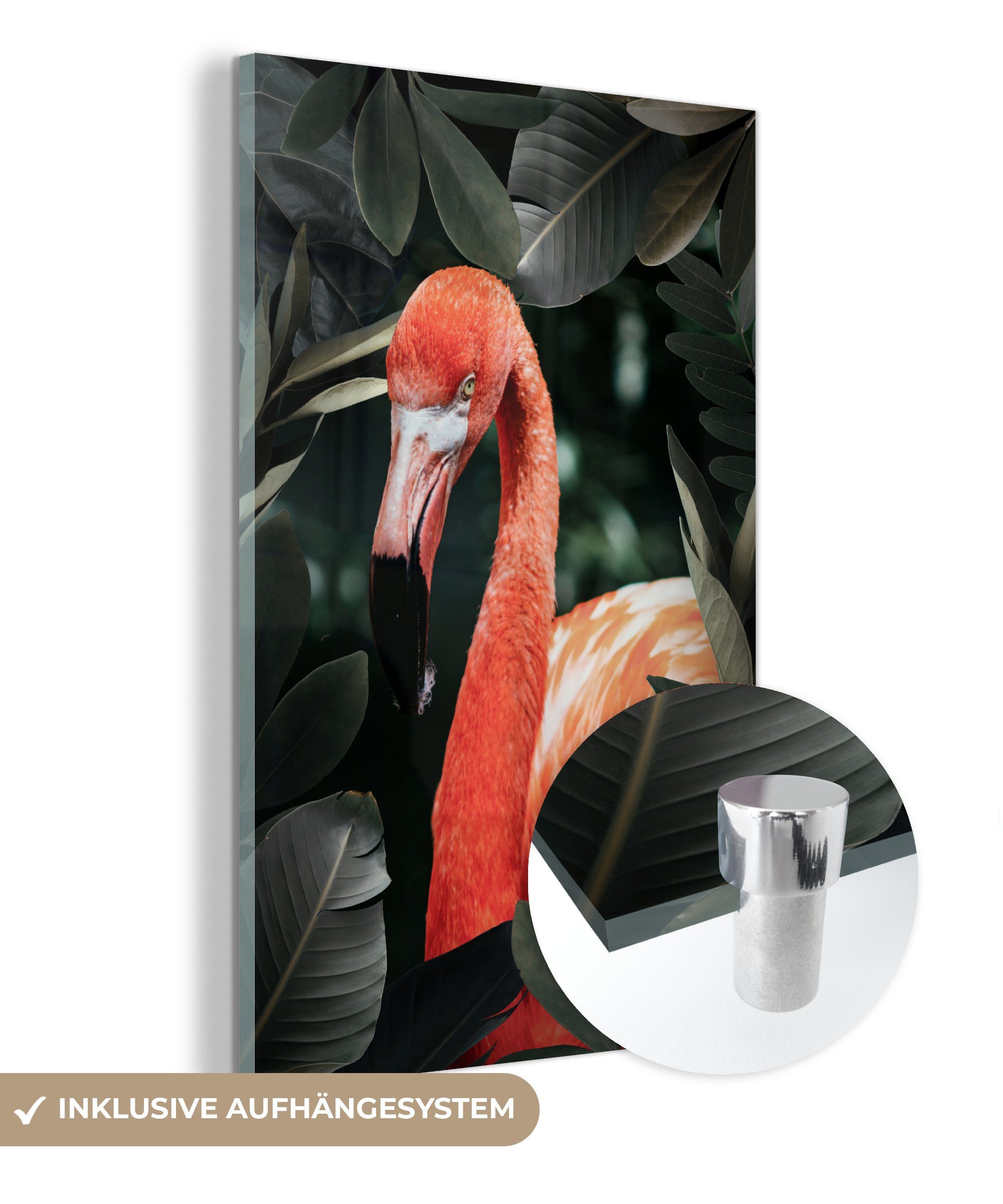Flamingo Glas Glas - Blätter MuchoWow (1 auf Wanddekoration St), Acrylglasbild - Wandbild Glasbilder bunt - Grün, - - Bilder Foto auf
