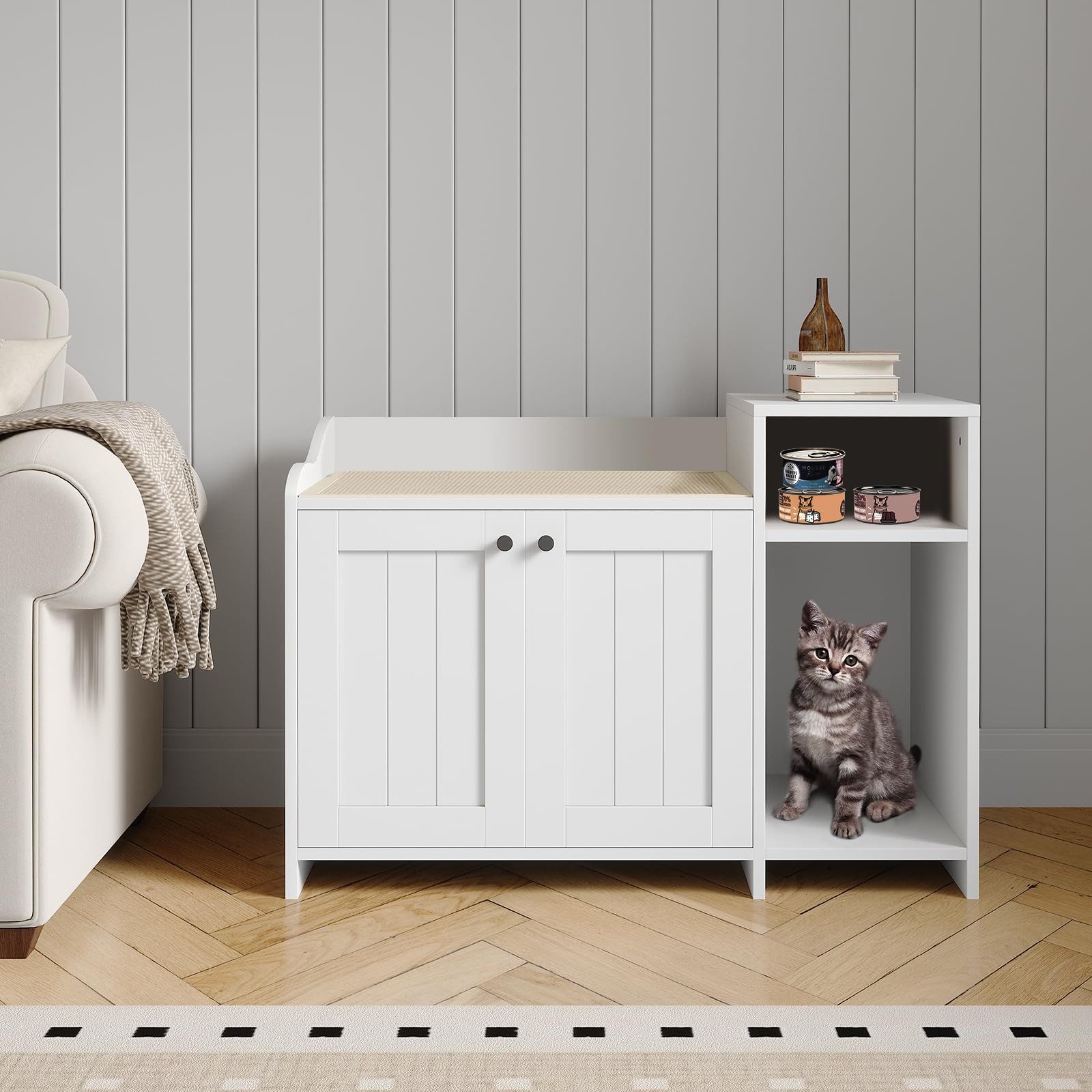 GarveeMore Katzenhaus Katzentoiletten-Schrank mit Seitentür, erhöhter Rand, Belüftung, 2 Türen, 1 offenes Fach