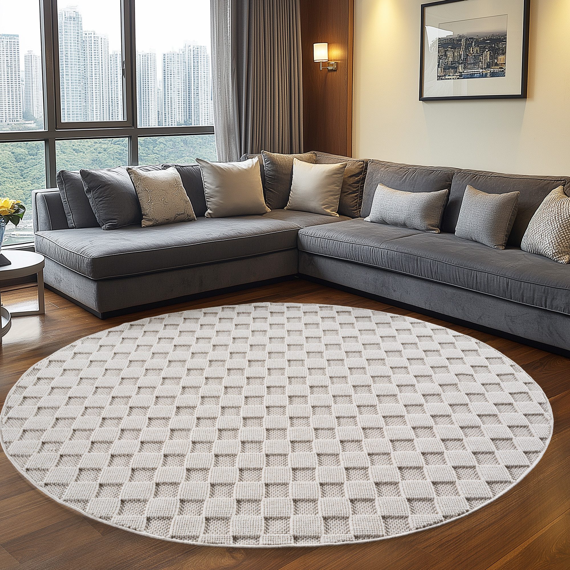 Teppium Teppich Bouclé-Teppich im skandinavischen Stil mit Karomuster, Rund, Höhe: 20 mm, Kurzflor Schlingen Teppich Creme Boucle-Loop Wohnzimmer Teppich