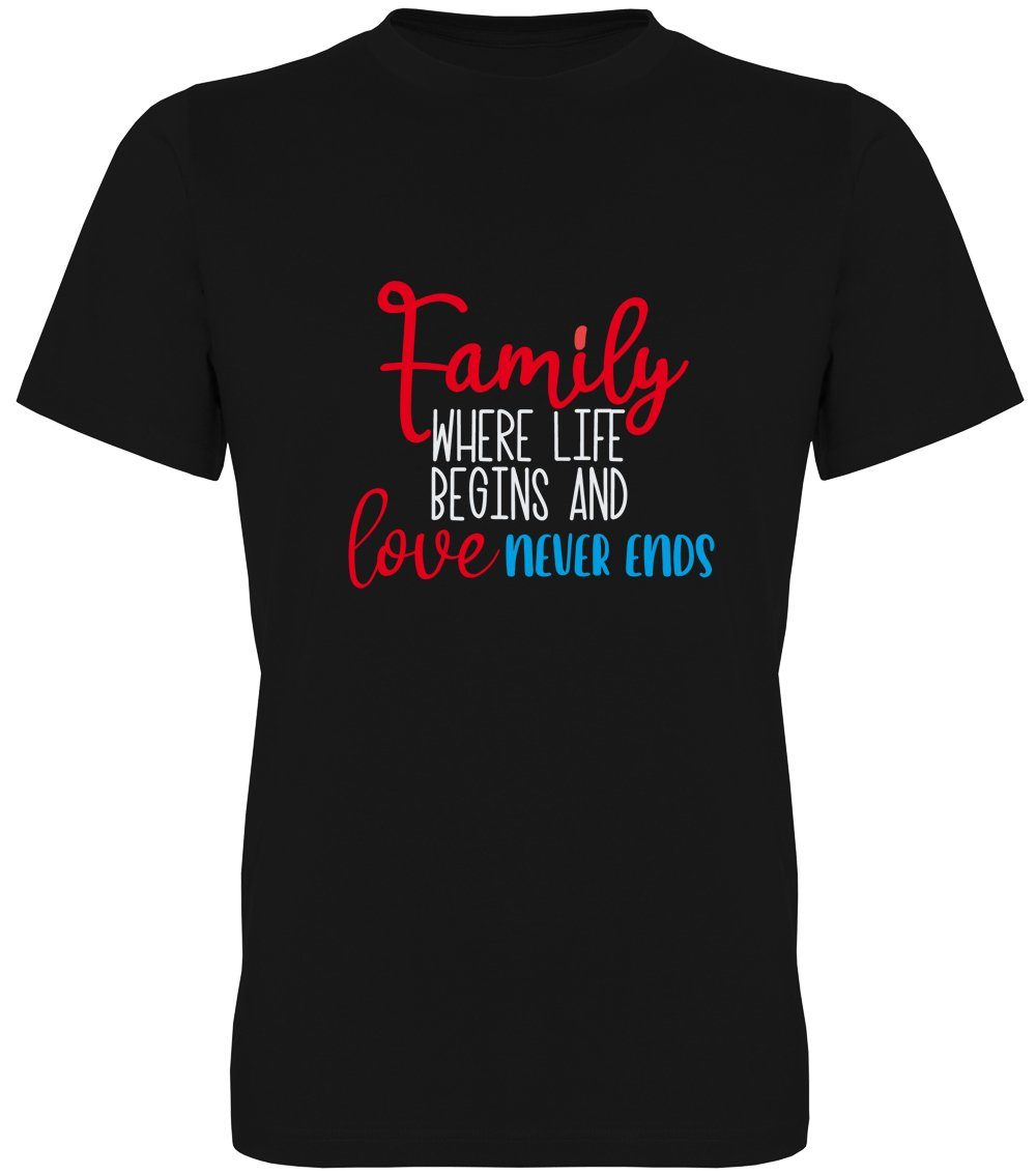 G-graphics T-Shirt Family – where life begins and love never ends Herren T-Shirt, mit trendigem Frontprint, Aufdruck auf der Vorderseite, Spruch/Sprüche/Print/Motiv, für jung & alt