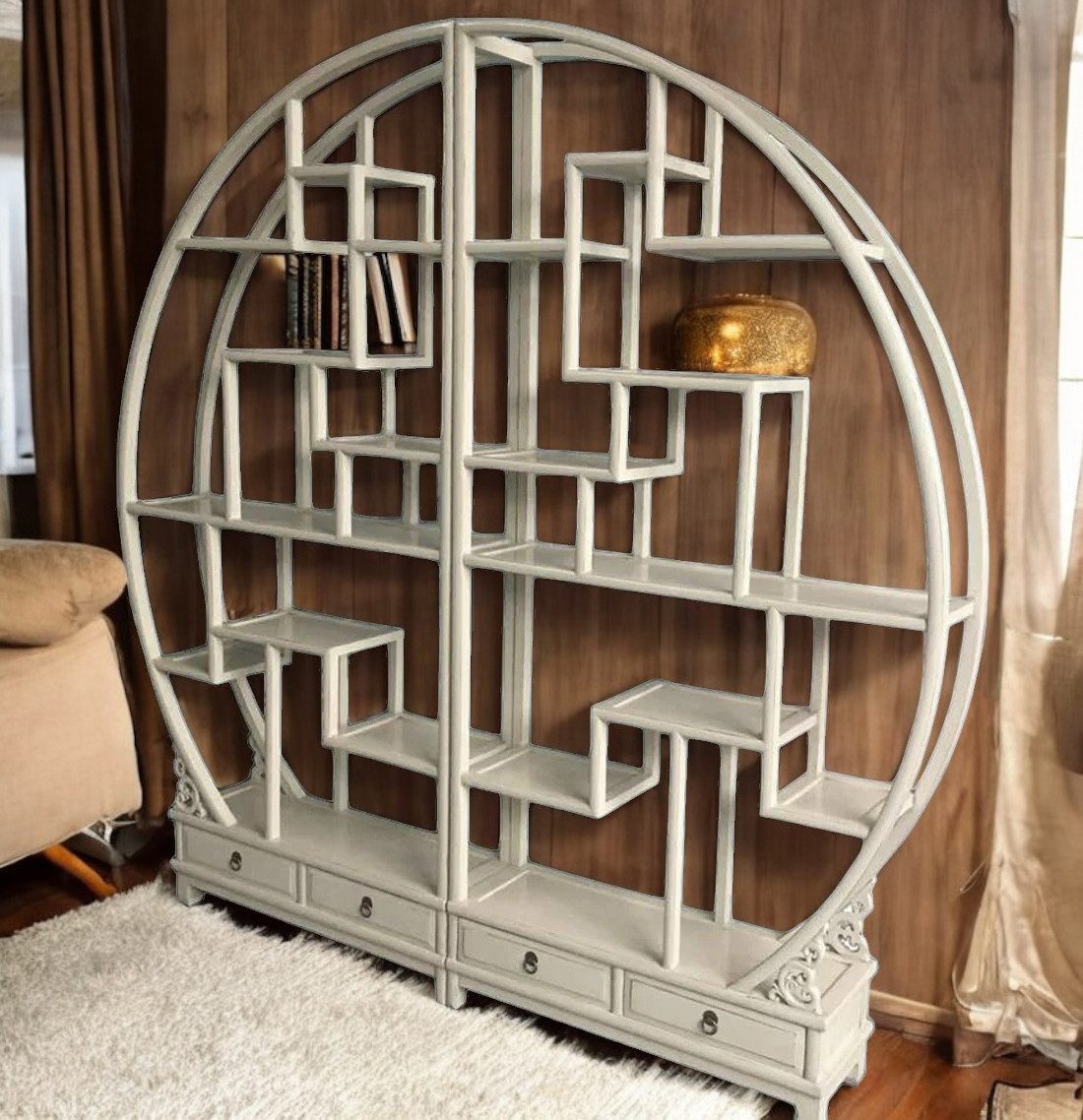 OPIUM OUTLET Wandregal Chinesisches Rundregal Eckregal offener runder Schrank Vitrine, aus Holz, Breite 206 cm, Höhe 198 cm, Tiefe 25 cm, Asiatischer Raumteiler, orientalisches Bücherboard, Vintage-Stil