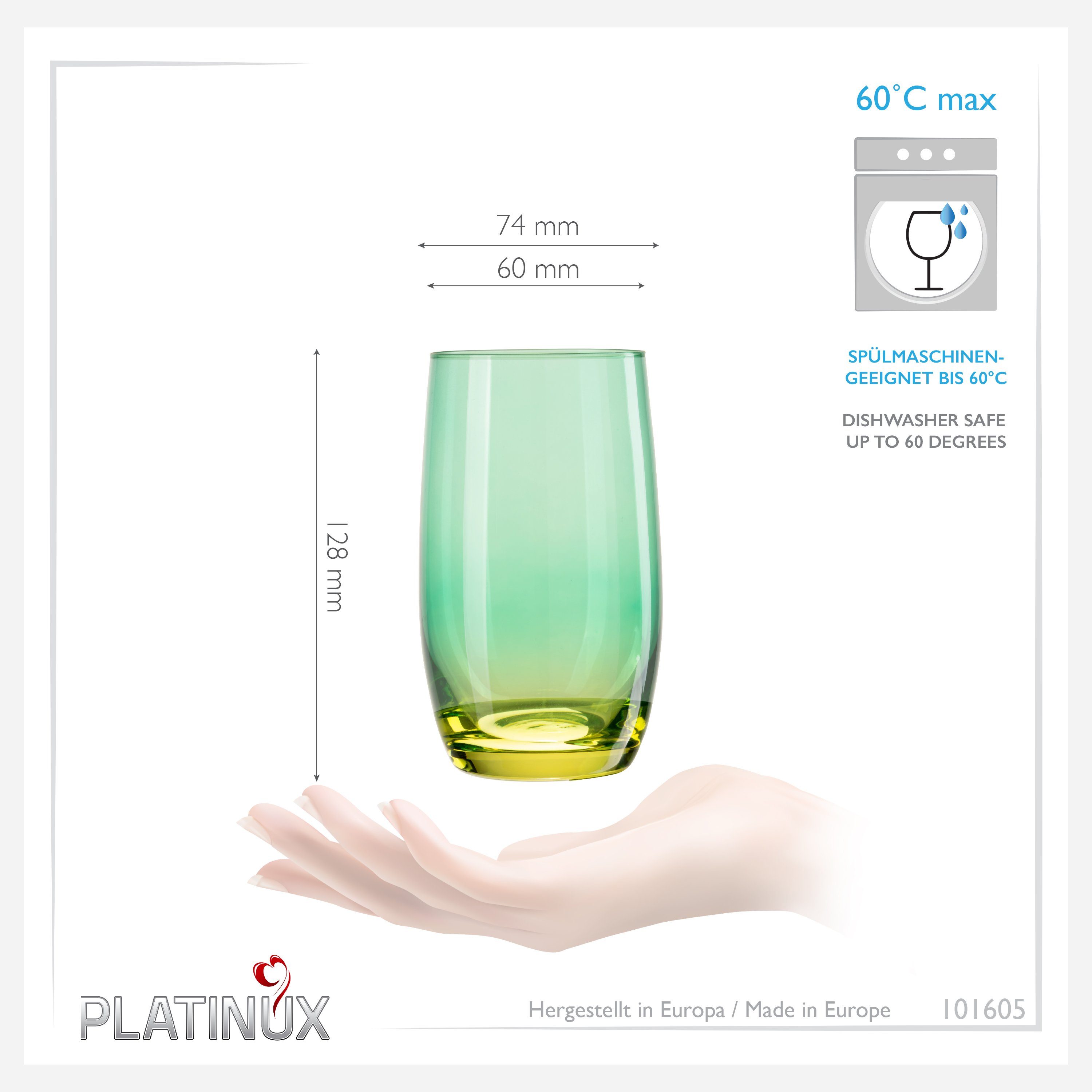Stück Glas, Wassergläser (max.370ml) Saftgläser Longdrinkgläser 300ml 6 Set Glas Trinkgläser, PLATINUX Grün-Gelb