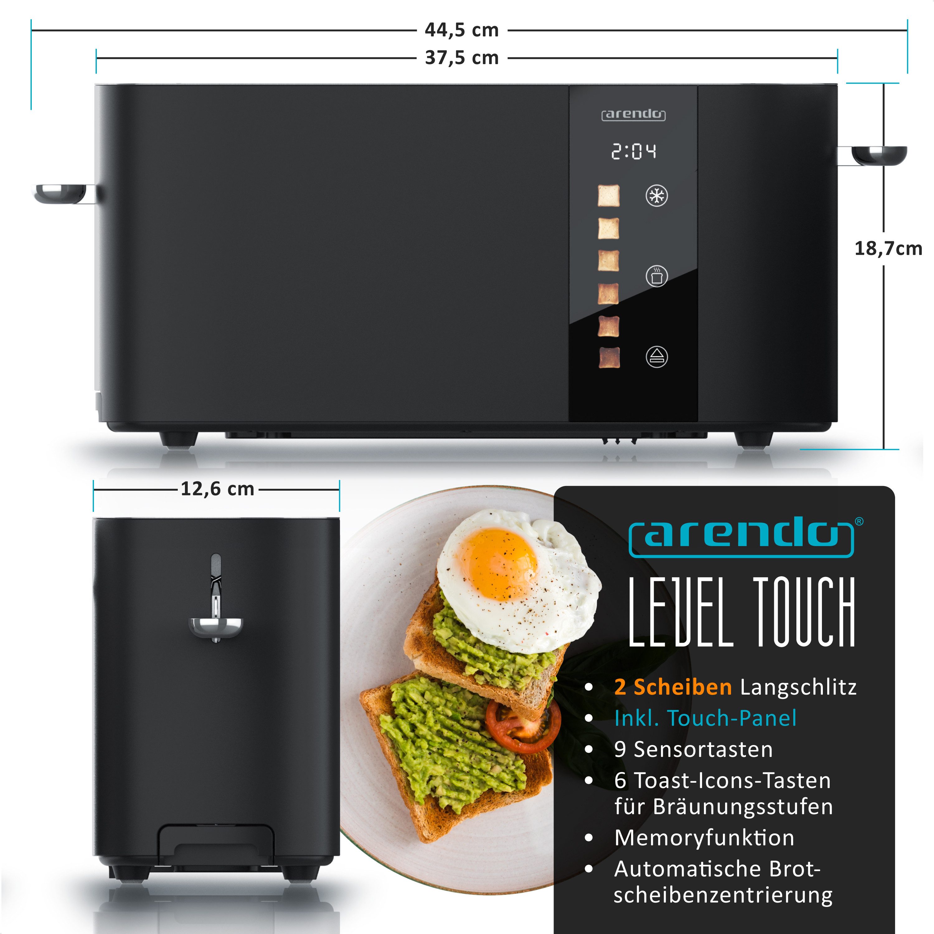 Arendo Toaster Edelstahl, Langschlitz, Touch Display, Restzeit & Bräunungsgradanzeige, 1 langer Schlitz, für 2 Scheiben, 1000 W, Brötchenaufsatz, Wärmeisoliert, Toast-Symbole für Bräunungsgradauswahl