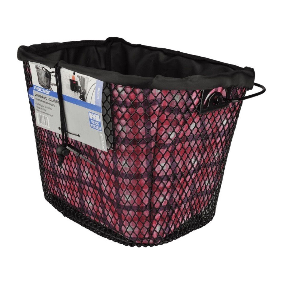 FISCHER Bicycle Handlebar Basket Classic with Quick-Attachment Black, Universal Bicycle Basket, Textile Lining, Basket Also Suitable for E-Bikes