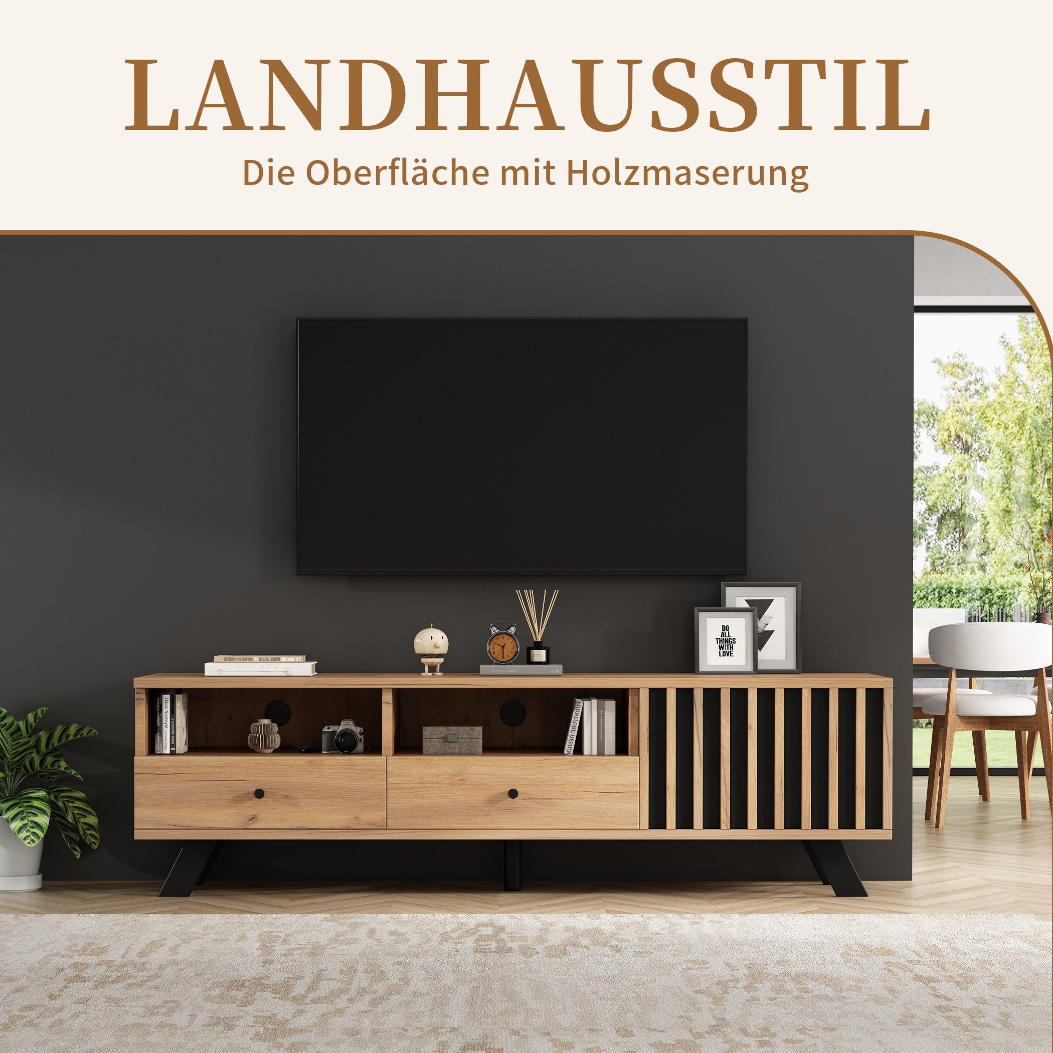SeedWave Lowboard TV-Schrank mit Kabeldurchführung, 1 Schranktür in Kontrastfarben, Fernsehschrank mit 5 Stützfüßen