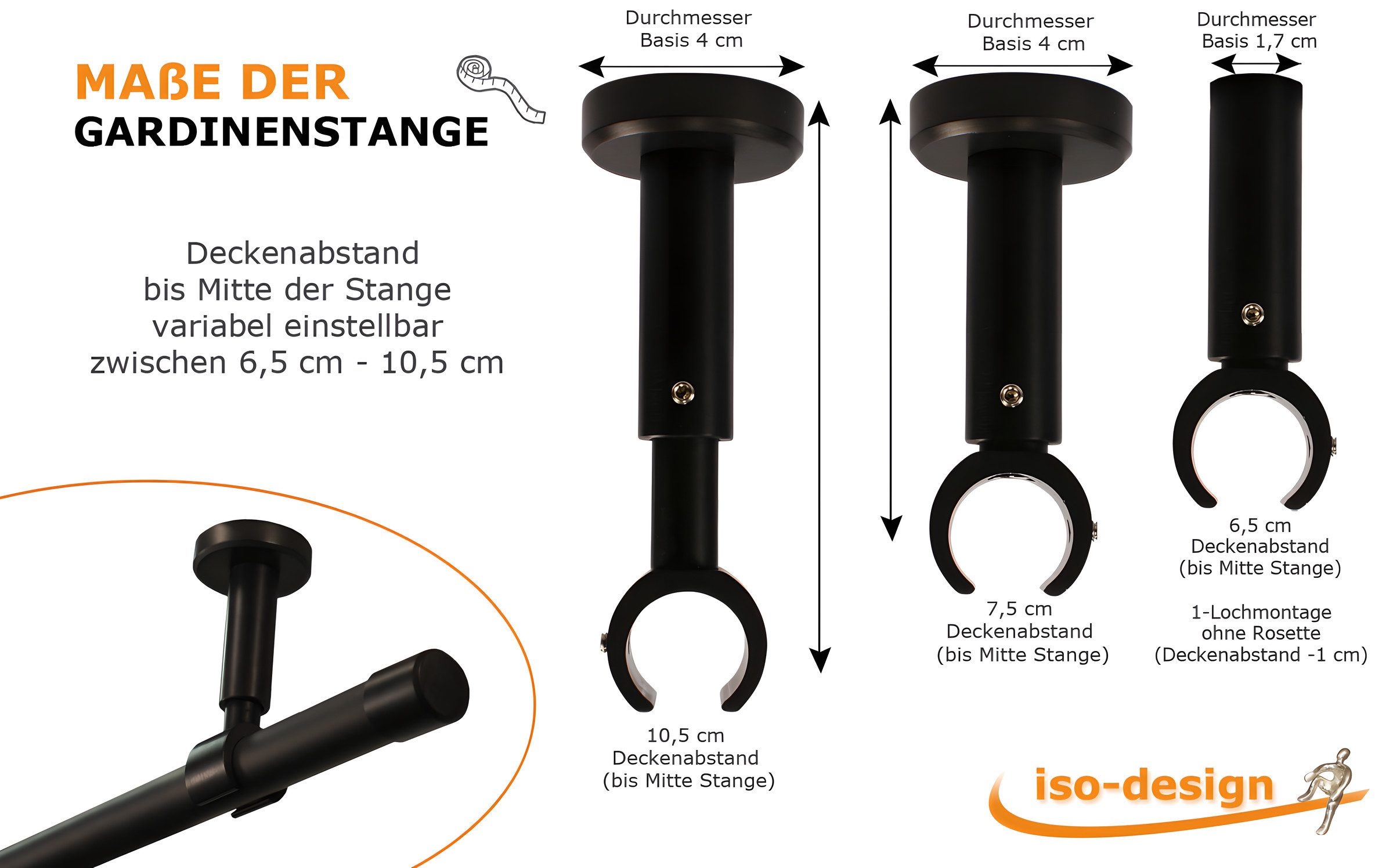 iso-design Gardinenstange Set zur Montage an der Decke mit 20 mm Durchmesser 1-läufig, Ø 20 mm, 1-läufig, Deckenmontage, geschraubt, Aluminium, Variabler Decken – Bild 5 von 5