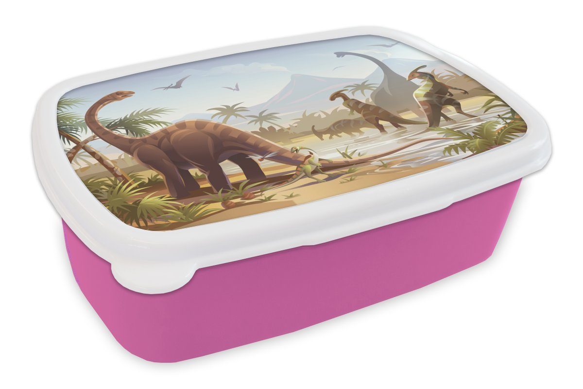 Lunchbox Mädchen, Brotdose Kinderzimmer MuchoWow Wasser für Erwachsene, Dinosaurier, rosa Kunststoff, (2-tlg), Snackbox, - Brotbox Kinder, Kunststoff -