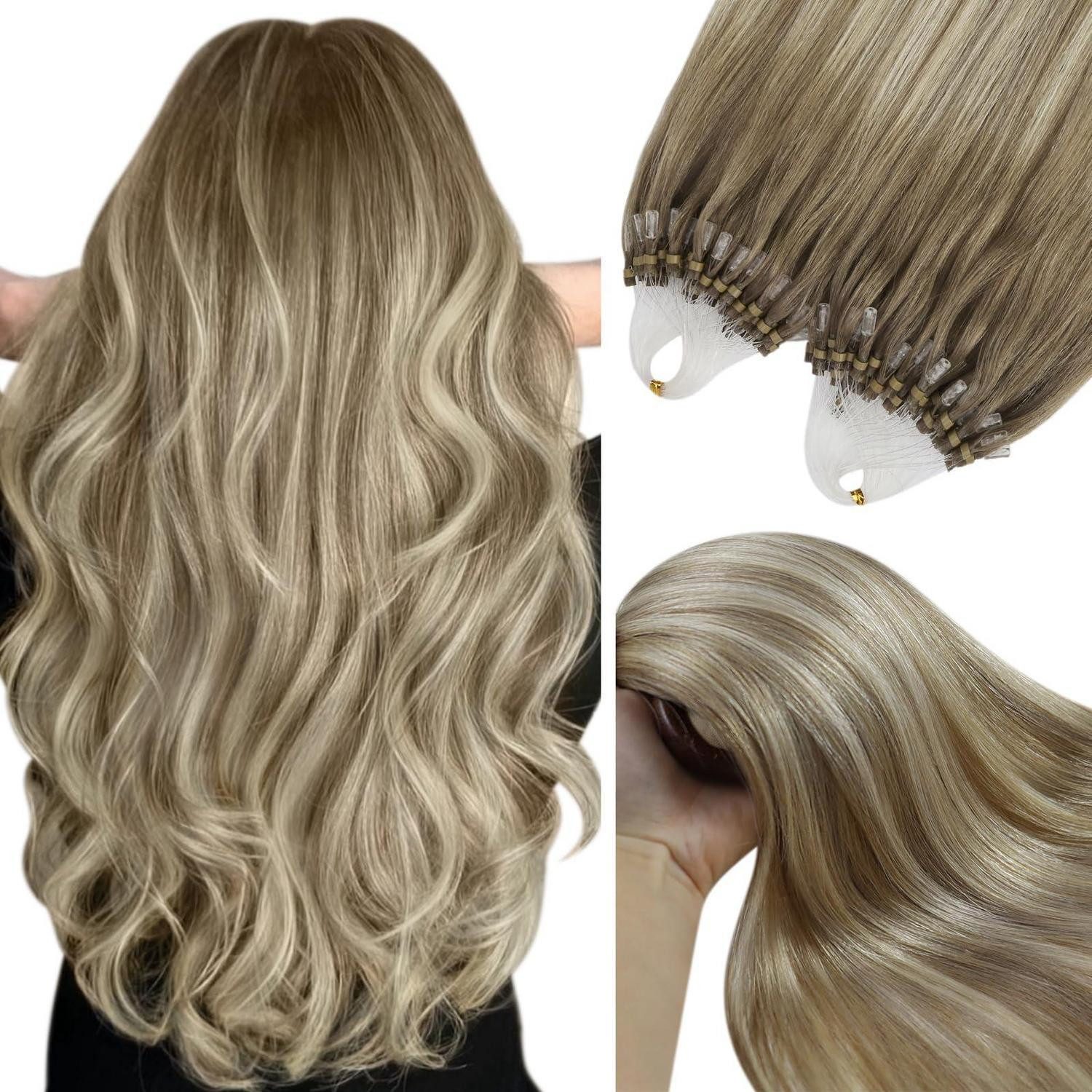 Echthaar-Extension Extensions Echthaar 60 cm Micro 3 Micro 4 Hellbraun Ombre Platinblond