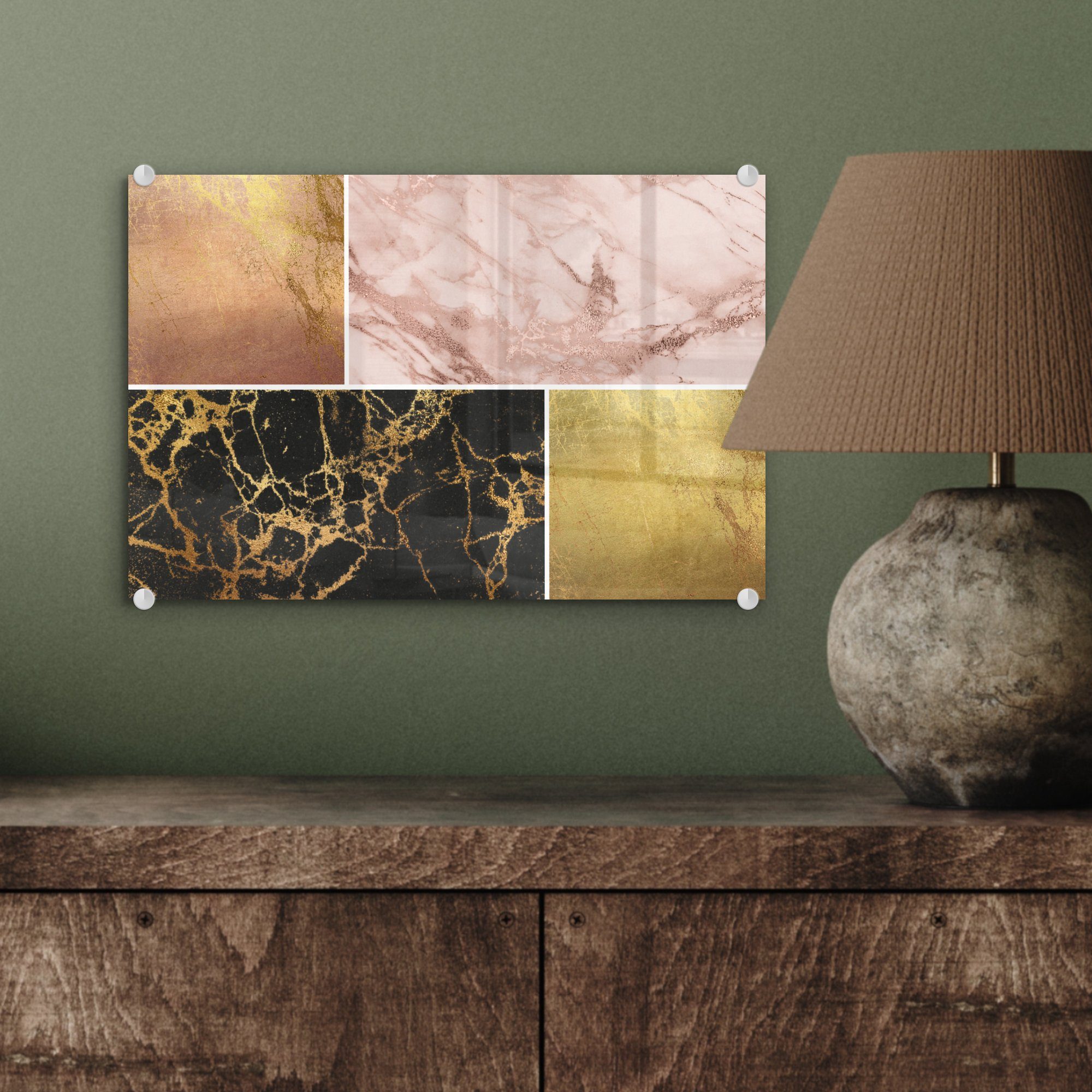 Gold, (1 Rosa - Acrylglasbild Glas Foto Wandbild Glasbilder Marmor St), MuchoWow - - auf auf - Wanddekoration Glas Bilder -