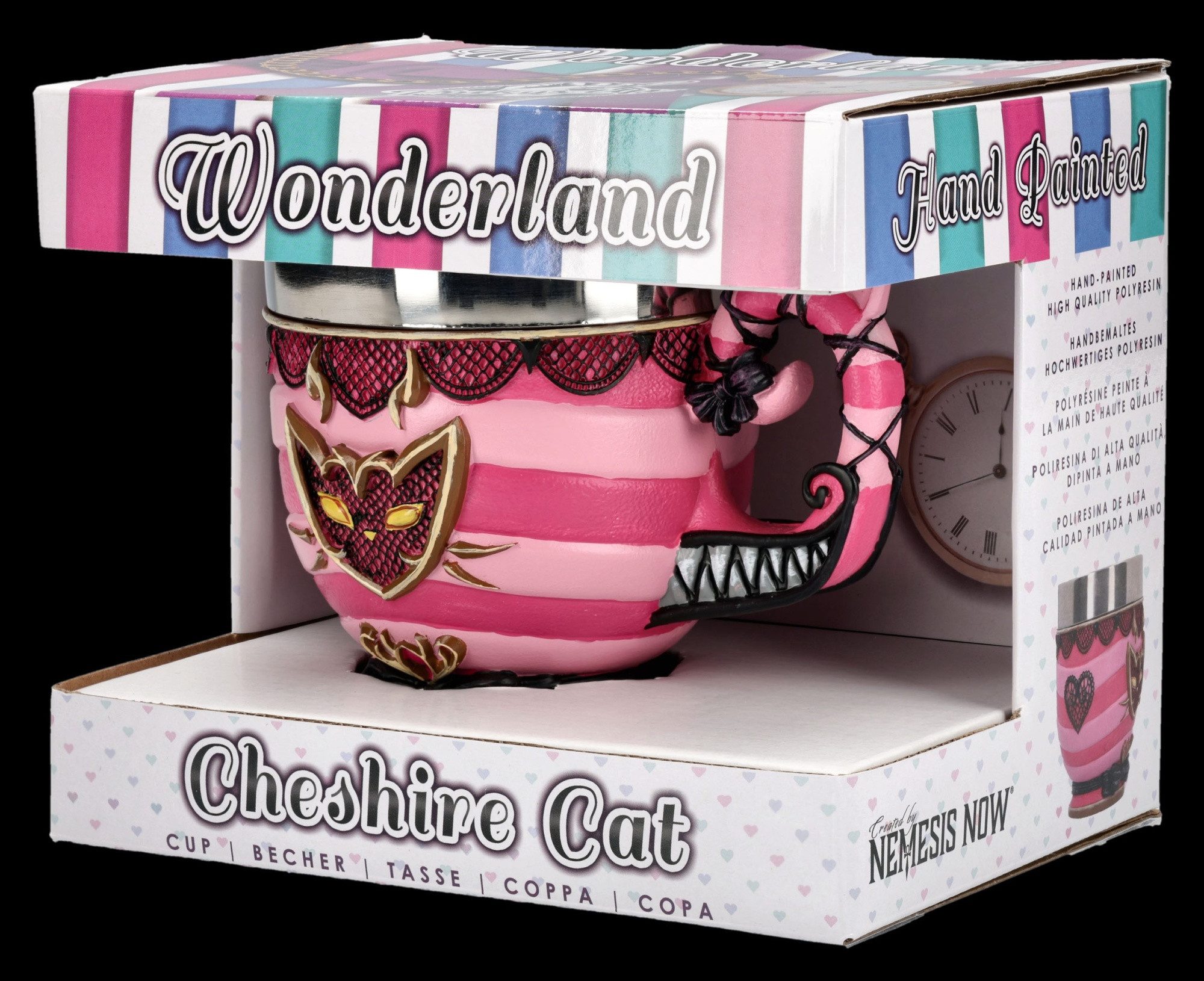 Figuren Shop GmbH Tasse Alice im Wunderland Tasse – Grinsekatze Kaffeetasse Fantasy 11 cm Deko, Kunststein (Polyresin), Edelstahl