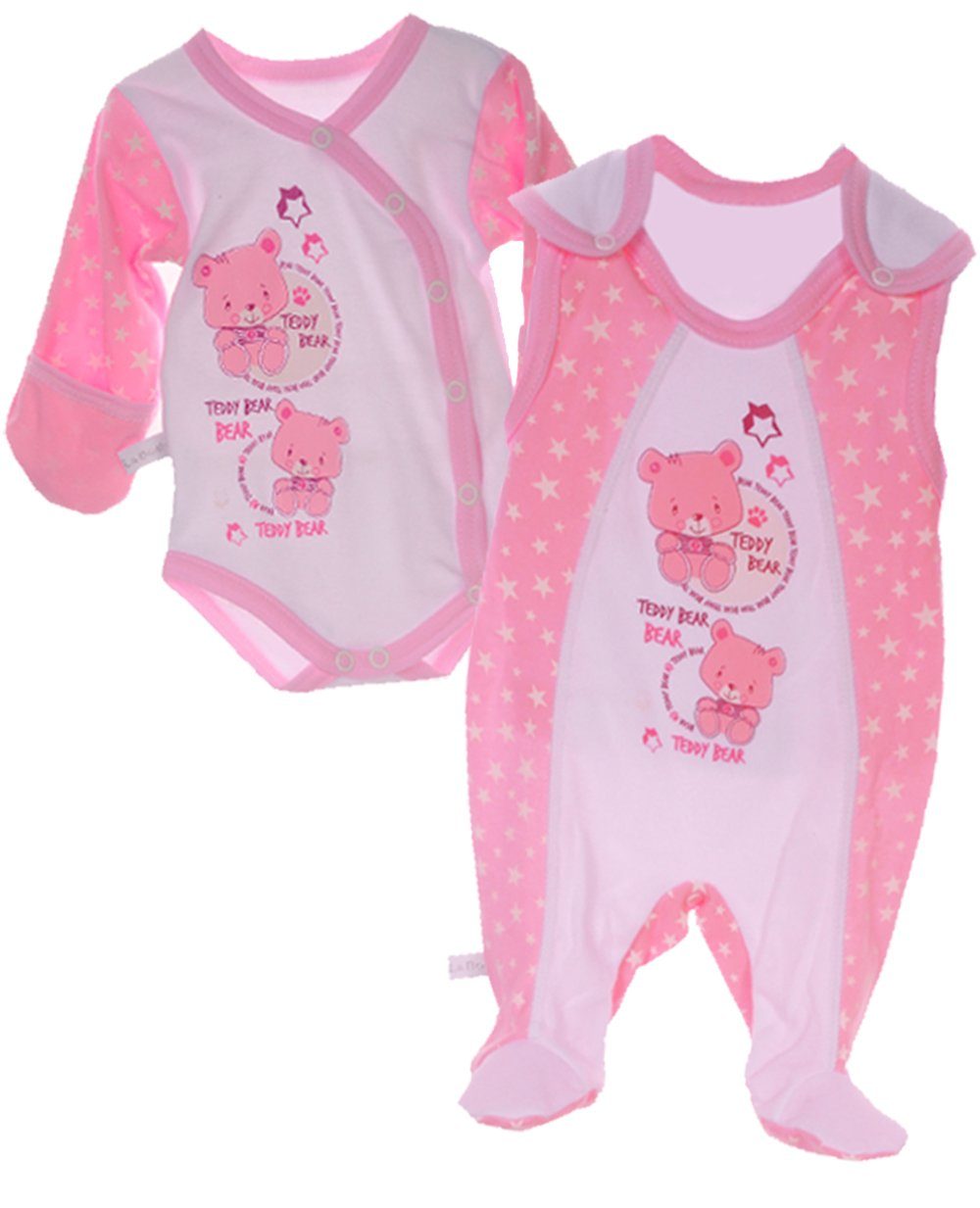 La Bortini Strampler Wickelbody Stramplerhose Body Baby Anzug in Rosa mit Bär aus reiner Baumwolle, mit Kratzschutz, 44 50 56 62 68 74
