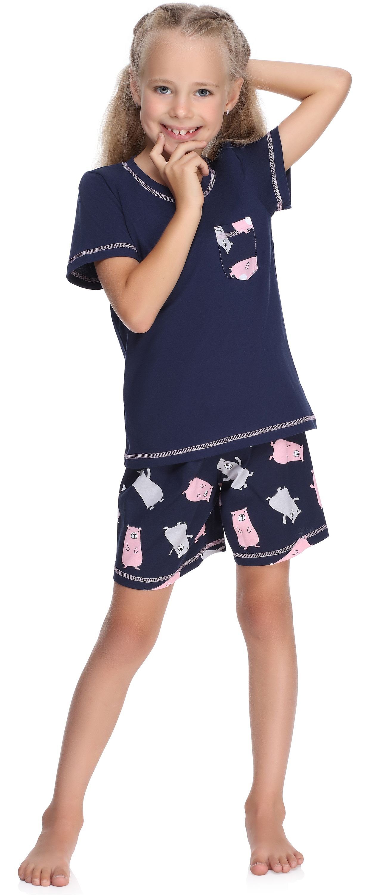 Schlafanzug Baumwolle Style Merry Mädchen Kurz Marineblau/Teddybär Schlafanzüge Pyjama aus MS10-292 Set