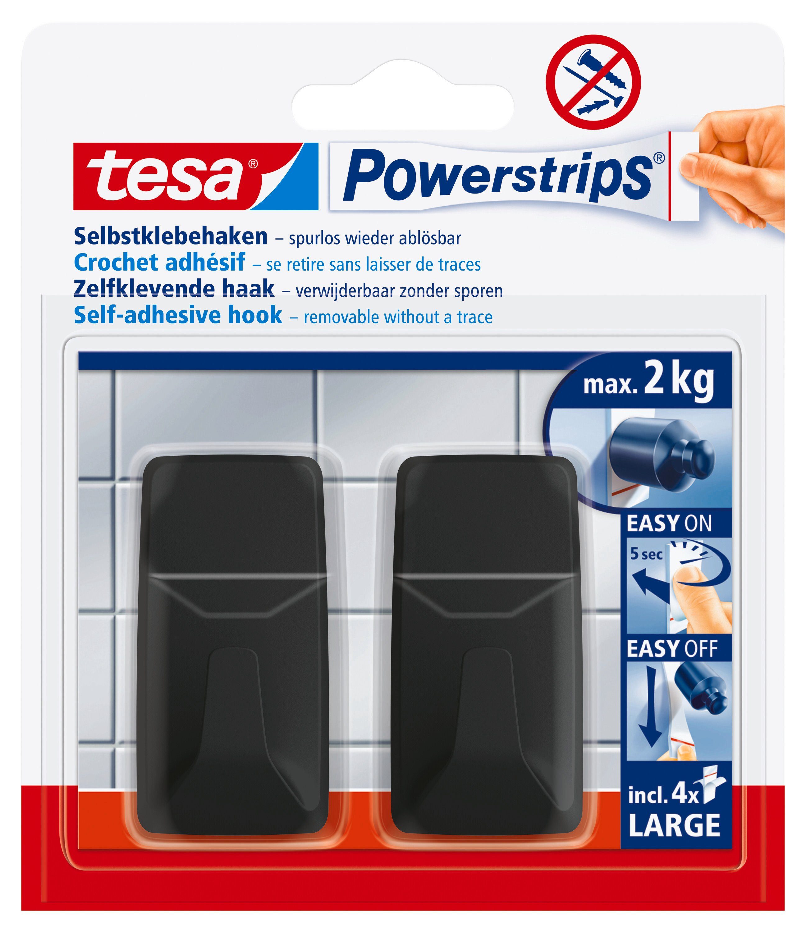 Kunststoff Powerstrips Large 5-St., Wandmontage mehr auf Kacheln, Bohren tesa 3 ohne (Packung, Schwarz Glas, Klebestreifen), Klebehaken, und x inkl.