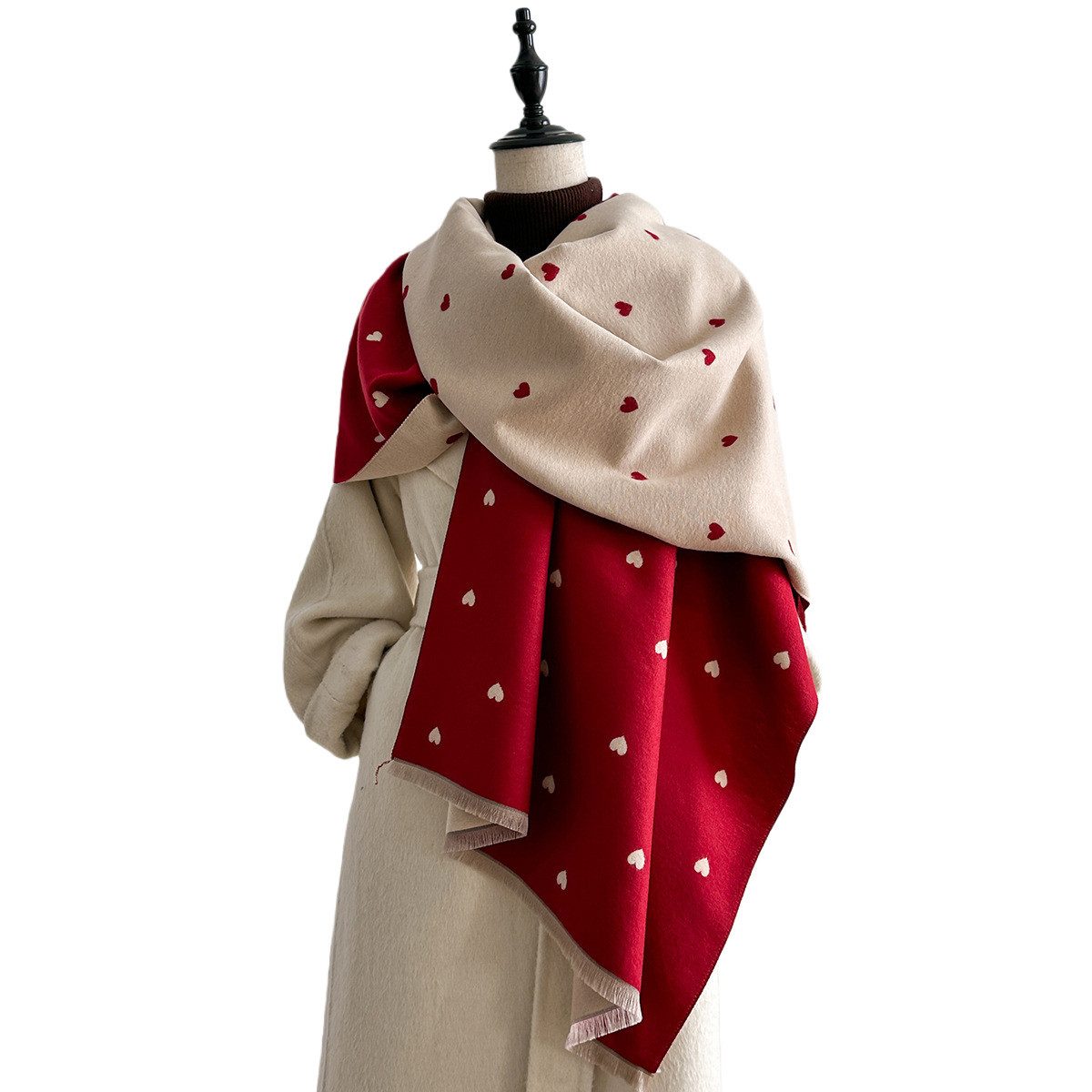 FOUORTUNATE-BEE Schal Damen Kuschelschal mit Herz-Muster, doppelseitig & warm Schal, Winterponcho Schal mit geometrischem Muster, modisch weich