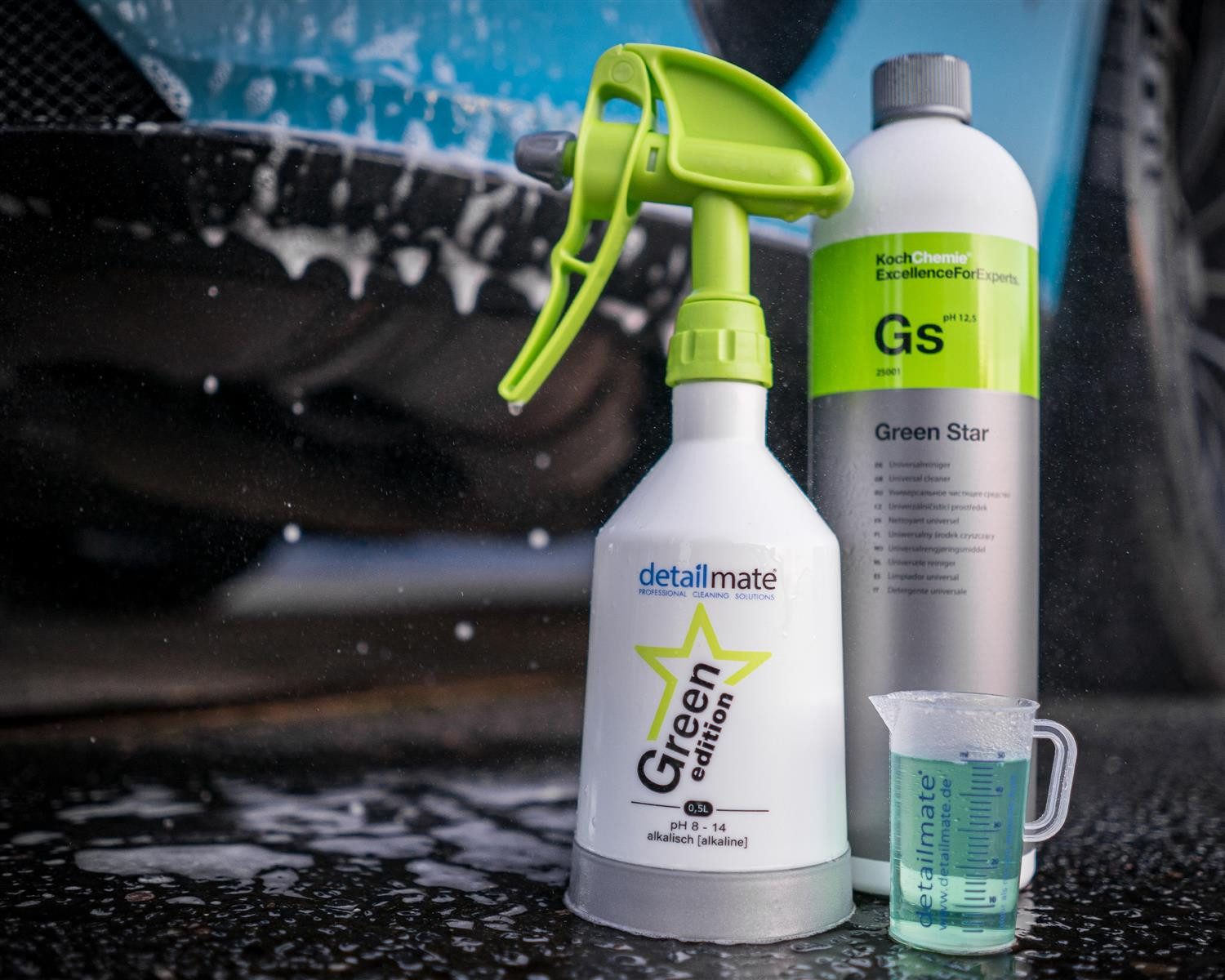 detailmate Auto Motor Reinigungs Set Koch Chemie Green Star Motorplast Universalreiniger (8-St. Pinsel Sprühflasche Mikrofasertuch Motorwäsche)
