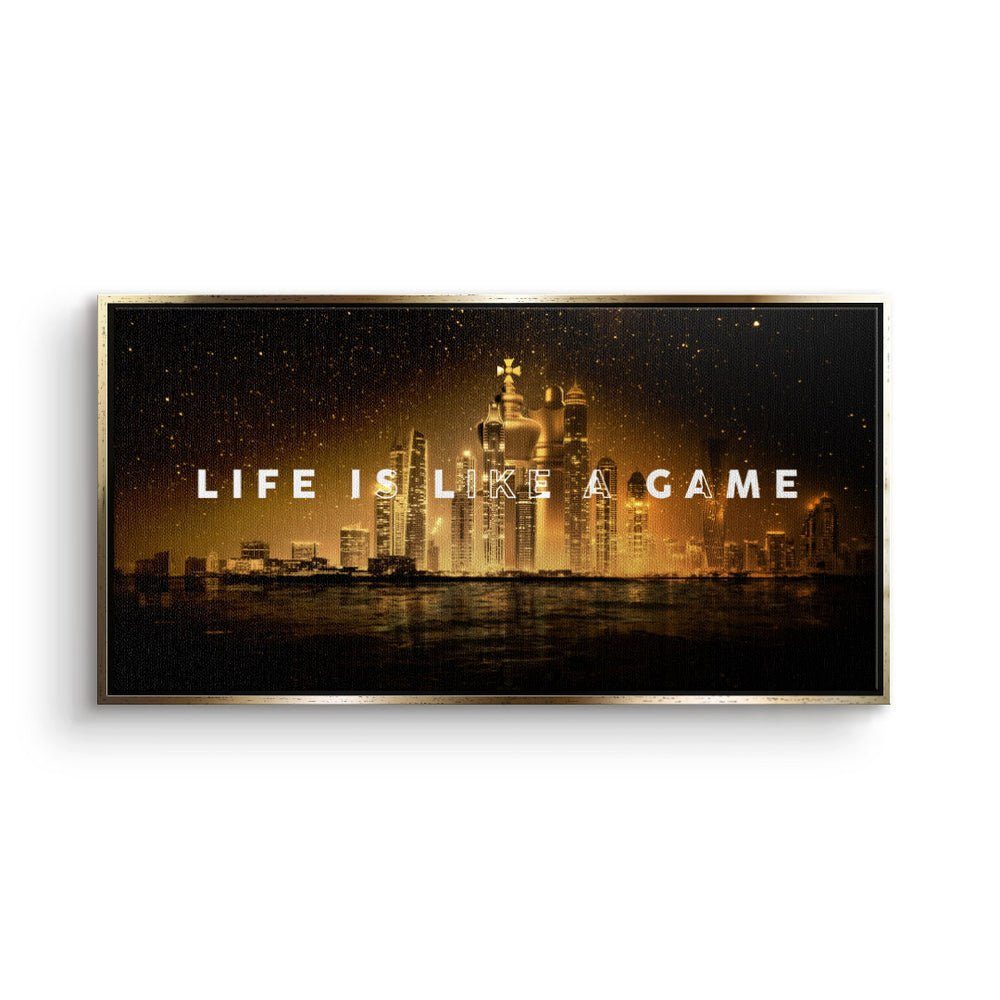 DOTCOMCANVAS® Leinwandbild, Leinwandbild Motivation Zitat Panorama Skyline Schach Figuren mit prem goldener Rahmen