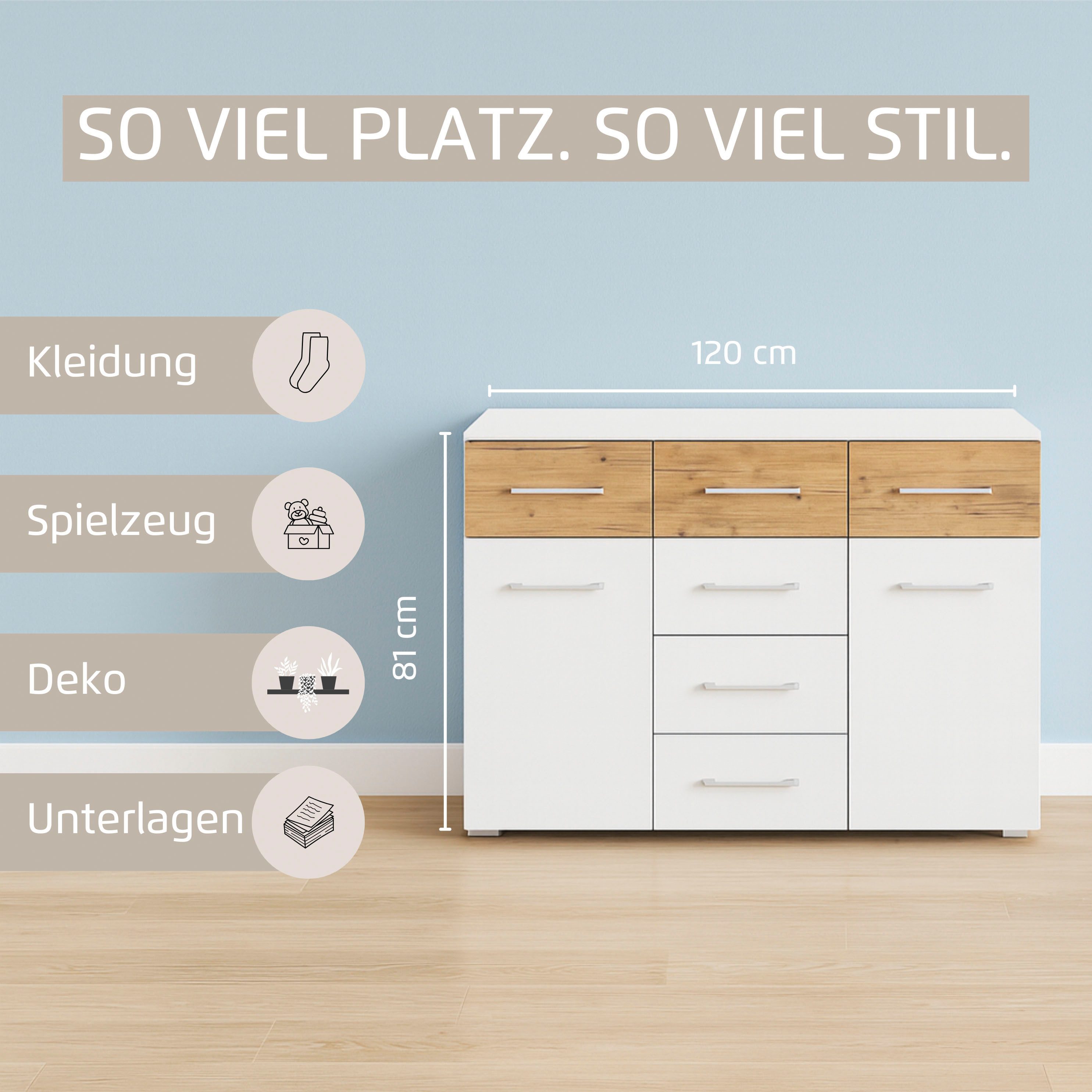 rauch Kombikommode Sideboard Kommode Schubladenkommode Türenkommode BOSTON-EXTRA (B/H/T: 120/81/42 cm), mit 6 geräumigen Schubladen, Einlegeböden verstellbar MADE IN GERMANY