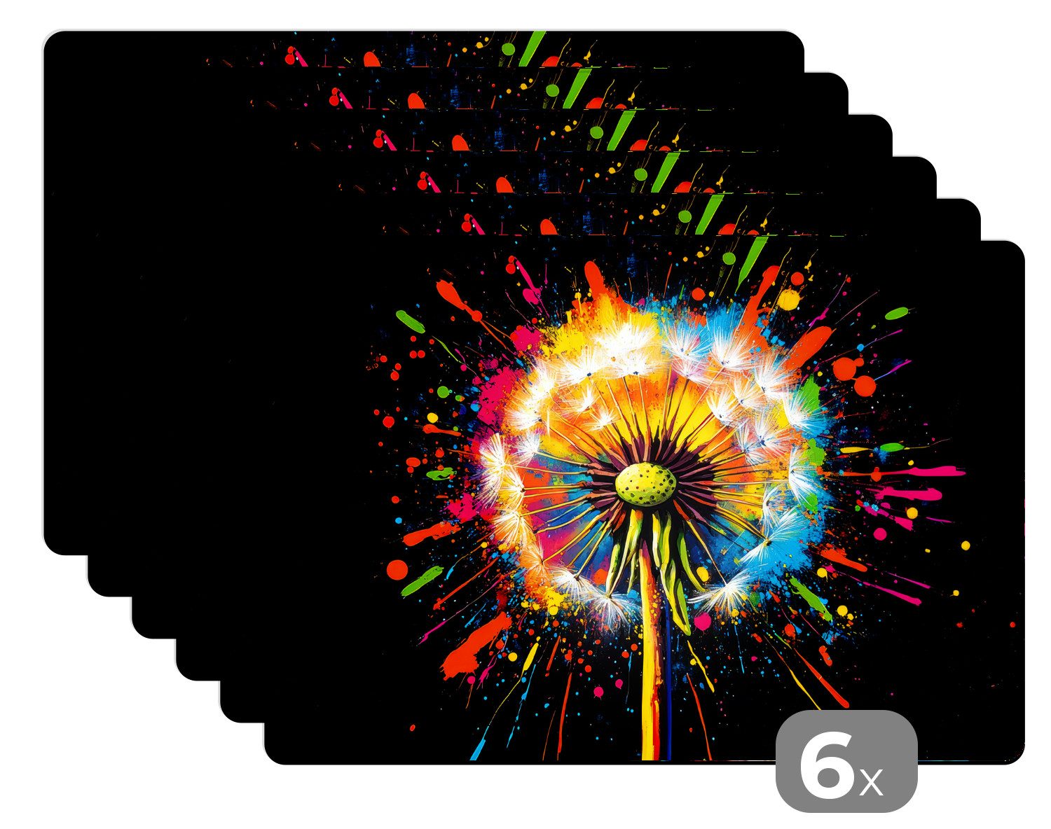 MuchoWow Platzset Löwenzahn - Graffiti - Farbenfroh - Blumen - Natur, (6-St), Platzsets, Tischset, Abwaschbar, Tischsets, Platzdeckchen
