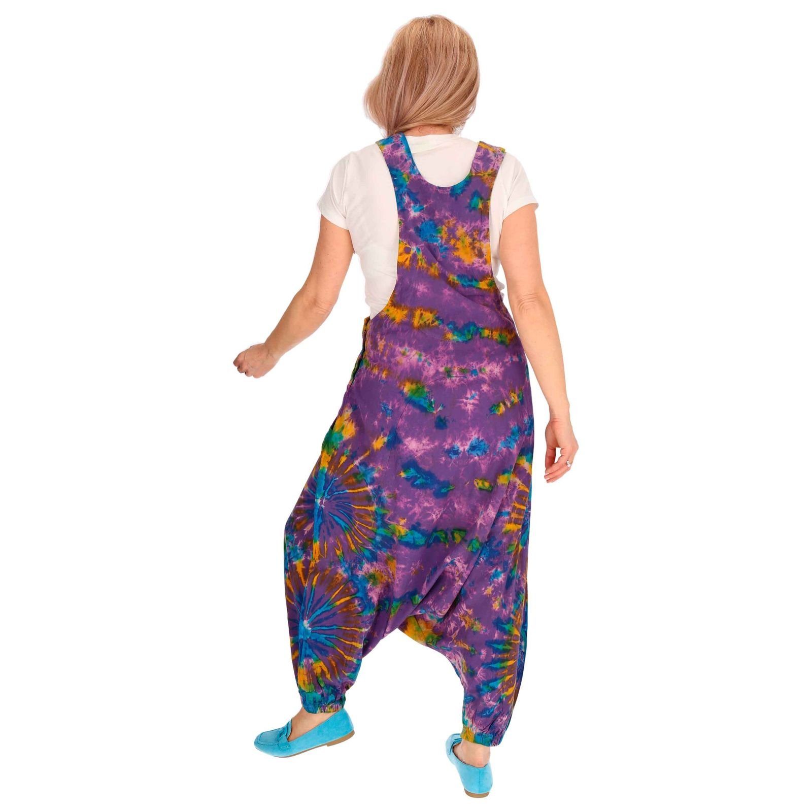 KUNST UND MAGIE Latzhose Tie Dye Batik Latzhose Haremshose Hose Psy 70er Boho Jumpsuit Bunt