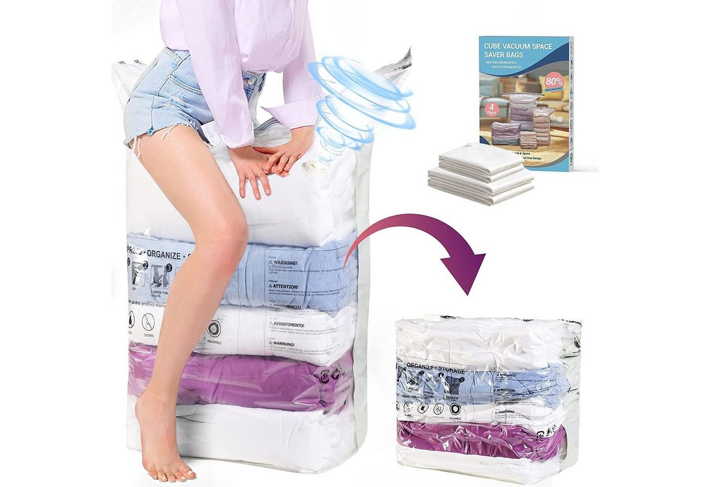 Elegear Aufbewahrungstasche 4pcs Vakuumbeutel(Max: 100x80x38CM) vakuumbeutel für bettdecken (4 Pack Vakuumbeutel Cube, 8-tlg), PE+PA Transparent 85% Platzsparend, für Kleidung/ Bett/Bettdecke