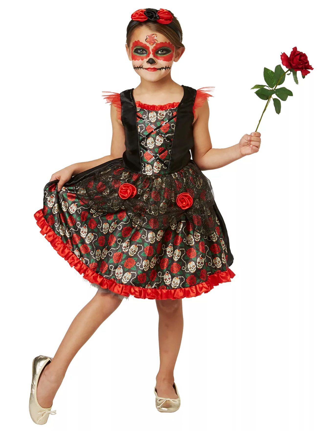 Rubie´s Kostüm Catrina Kleid - Halloween Kostüm Kinder Mädchen, Mit Rosen und Schädeln dekoriertes Kleid für Halloween