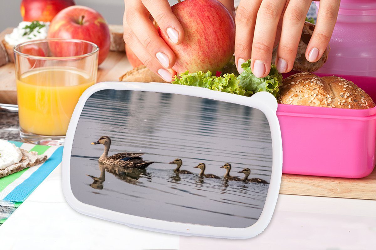 MuchoWow Lunchbox Ente - Vogel Wasser für - Braun, (2-tlg), Brotbox Snackbox, Kinder, Erwachsene, - Mädchen, rosa Kunststoff, Brotdose Kunststoff