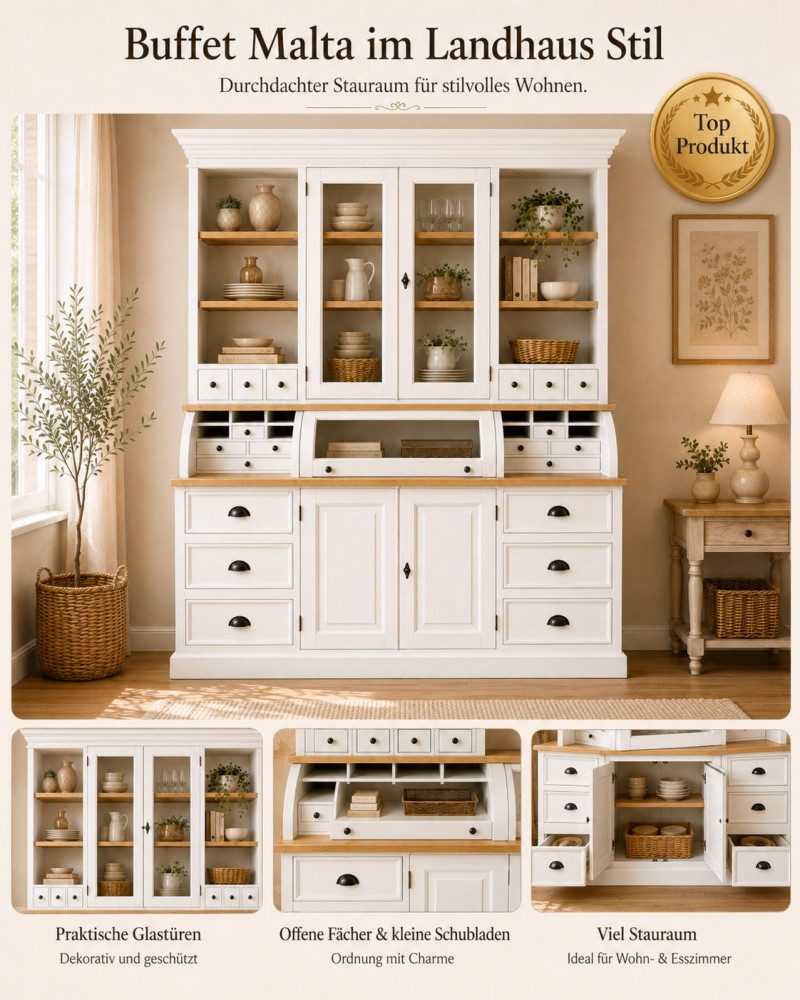 Wohnpalast Buffet Landhaus Buffet Schrank Malta Ladenschrank weiss mit Eiche 200 cm