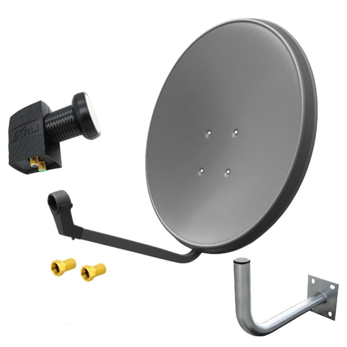 ARLI 60 cm HD Sat Anlage grau +Twin LNB +Wandhalter 25cm +2x F-Stecker SAT-Antenne (60 cm, Stahl, Digital 2 Teilnehmer Antenne grau UHD 4K)