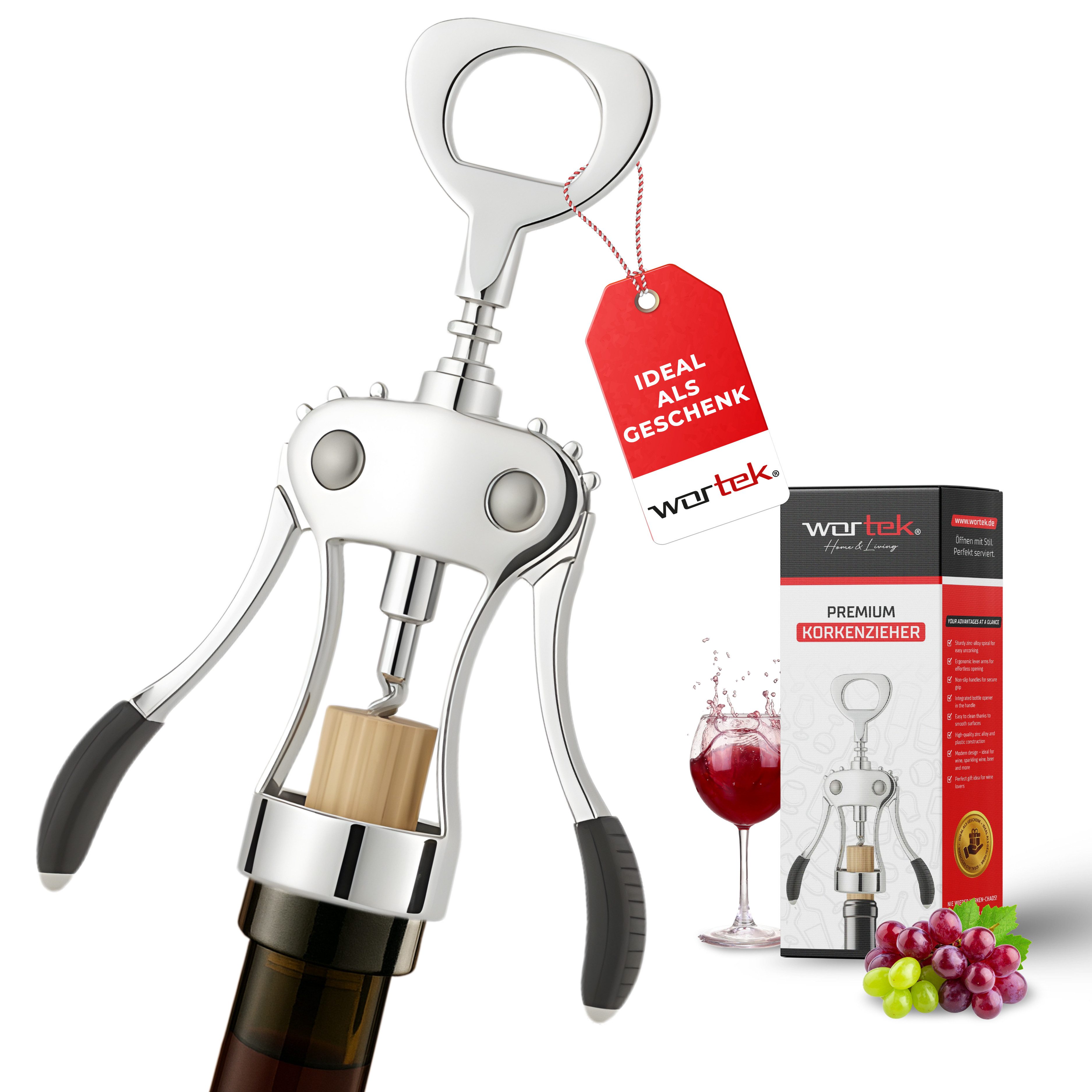 wortek Korkenzieher Weinflaschenöffner Flaschenöffner, (1er Set, 1 tlg., Hebelkorkenzieher mit Flaschenöffner), Geschenk für Wein- und Bierliebhaber