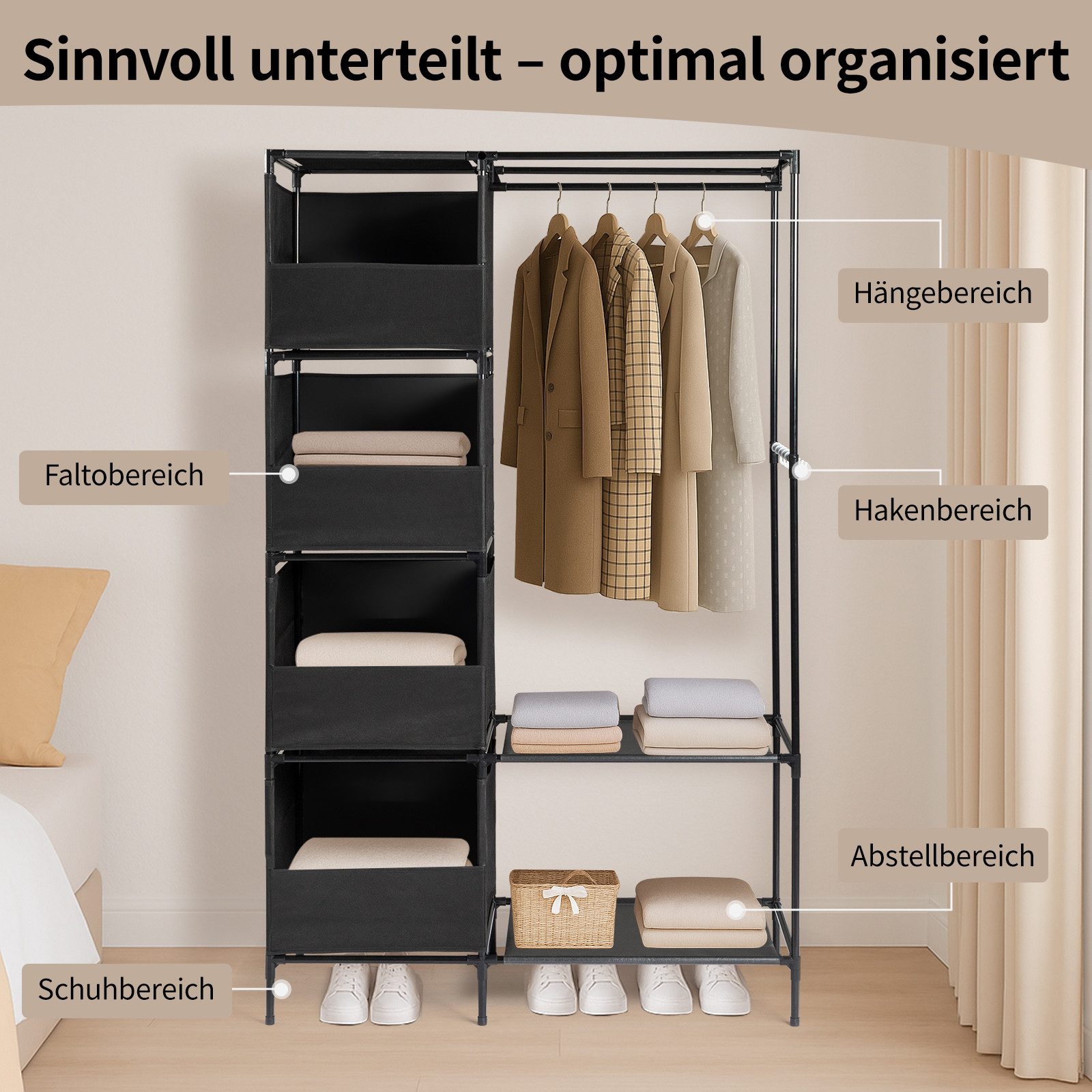 HT Stoffschrank Kleiderschrank aus Vliesstoff, 170x102x42,5cm 4-stufiger zweireihiger Hängeschrank mit Vorhängen und Ablagefächern – Bild 5 von 5