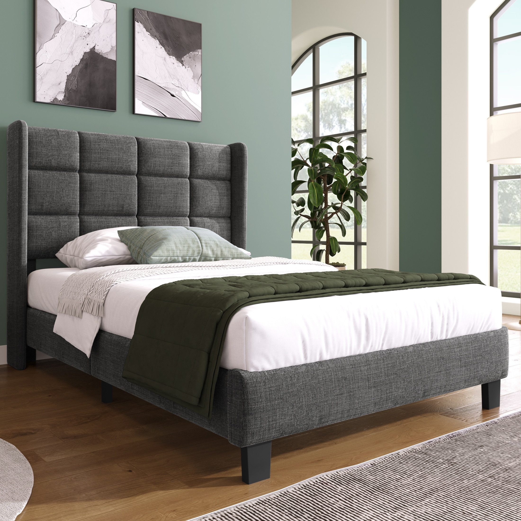 autolock Polsterbett Doppelbett Einzelbett mit seinem gepolstertes Kopfteil, Lattenrost (90x200 cm Ohne Matratze), Bettgestell mittelfest für Jugendliche, Kinder & Erwachsene, Leinen