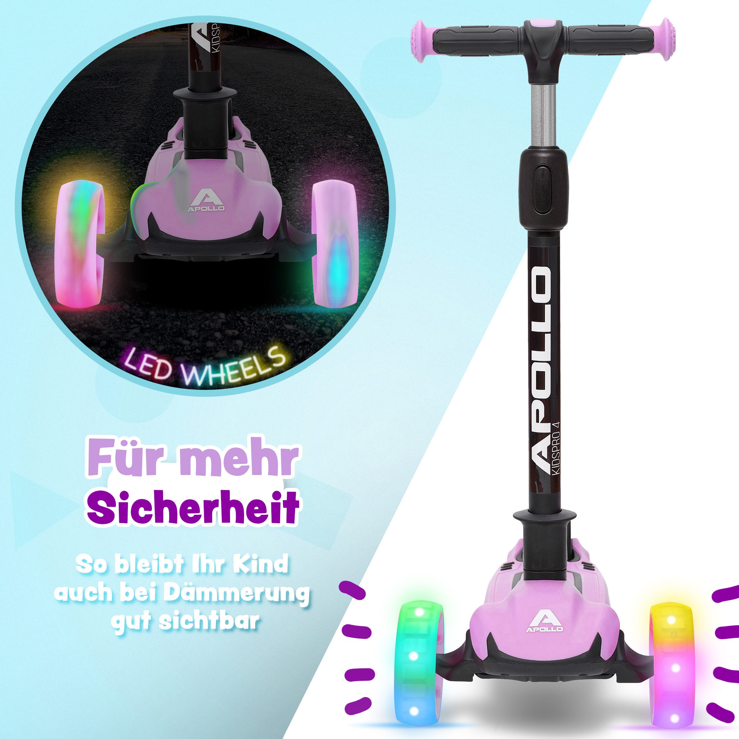 Apollo Dreiradscooter LED Kinderscooter Kids pro 4, Kinderroller mit LED Wheels, höhenverstellbar Für Kinder ab 3 Jahren