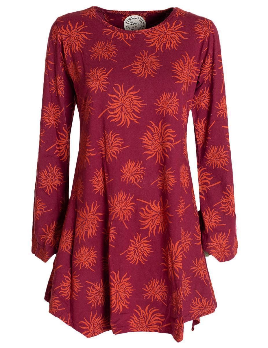 Vishes Tunikakleid Langarm Damen Blumen-Tunika Shirt-Kleid Glockenärmel Baumwolle Hippie, Boho, Goa Style