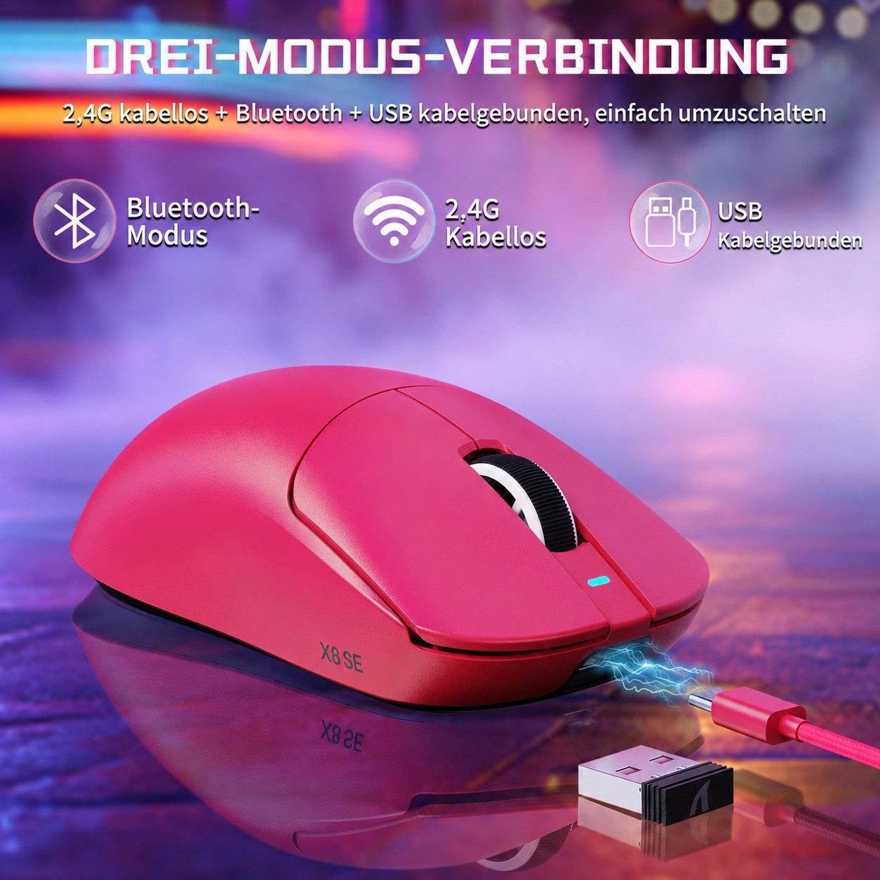 ATTACK SHARK X8SE Kabellose Maus,55 g ultraleicht,ür große Hände,80 Mio. Klicks Gaming-Maus (2.4Ghz, Bluetooth, USB-C, 25.000 DPI.Ultra-Light)