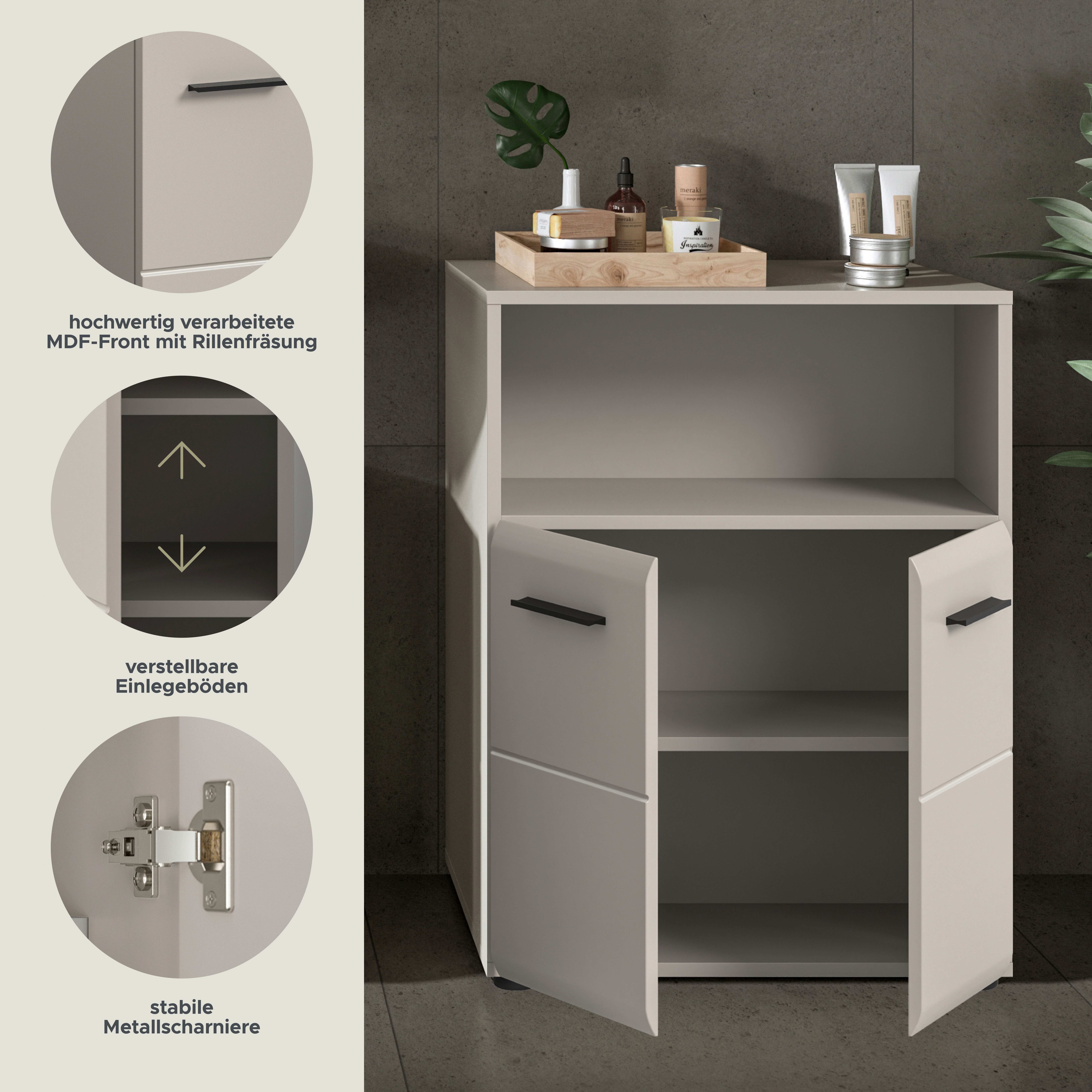 welltime Midischrank FLORENZ, Breite 60 cm, 2 Türen, 1 Fachboden, 1 offene Fach (1-St., TOPSELLER) hochwertige MDF Front, Griff schwarz, Badschrank, Bad