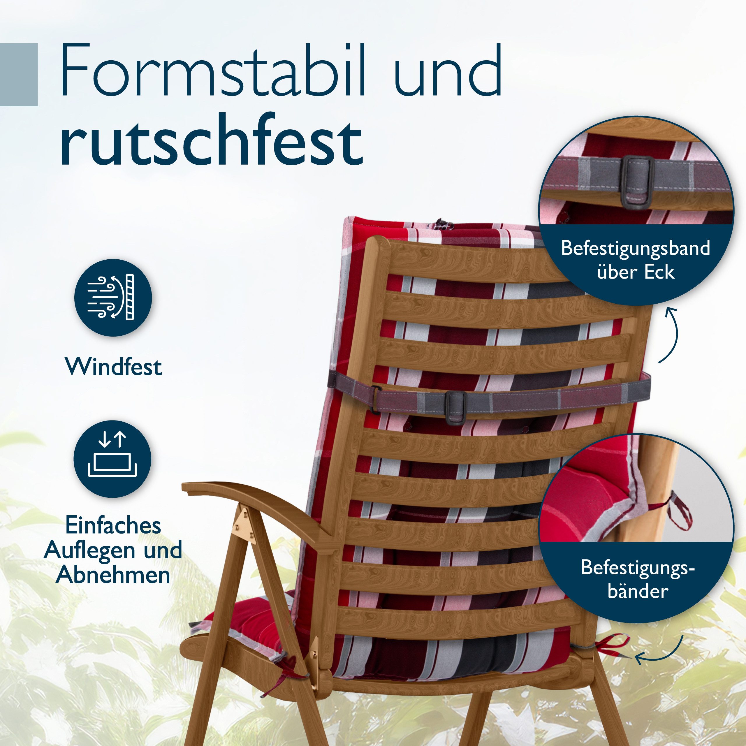 Beautissu Hochlehnerauflage 4er Set Sun-HL Hochlehner Auflage 120x50x8cm Rot-Anthrazit-Gestreift, Mit Kopfpolster, rutschfest & robust – Befestigungsbänder, UV 5
