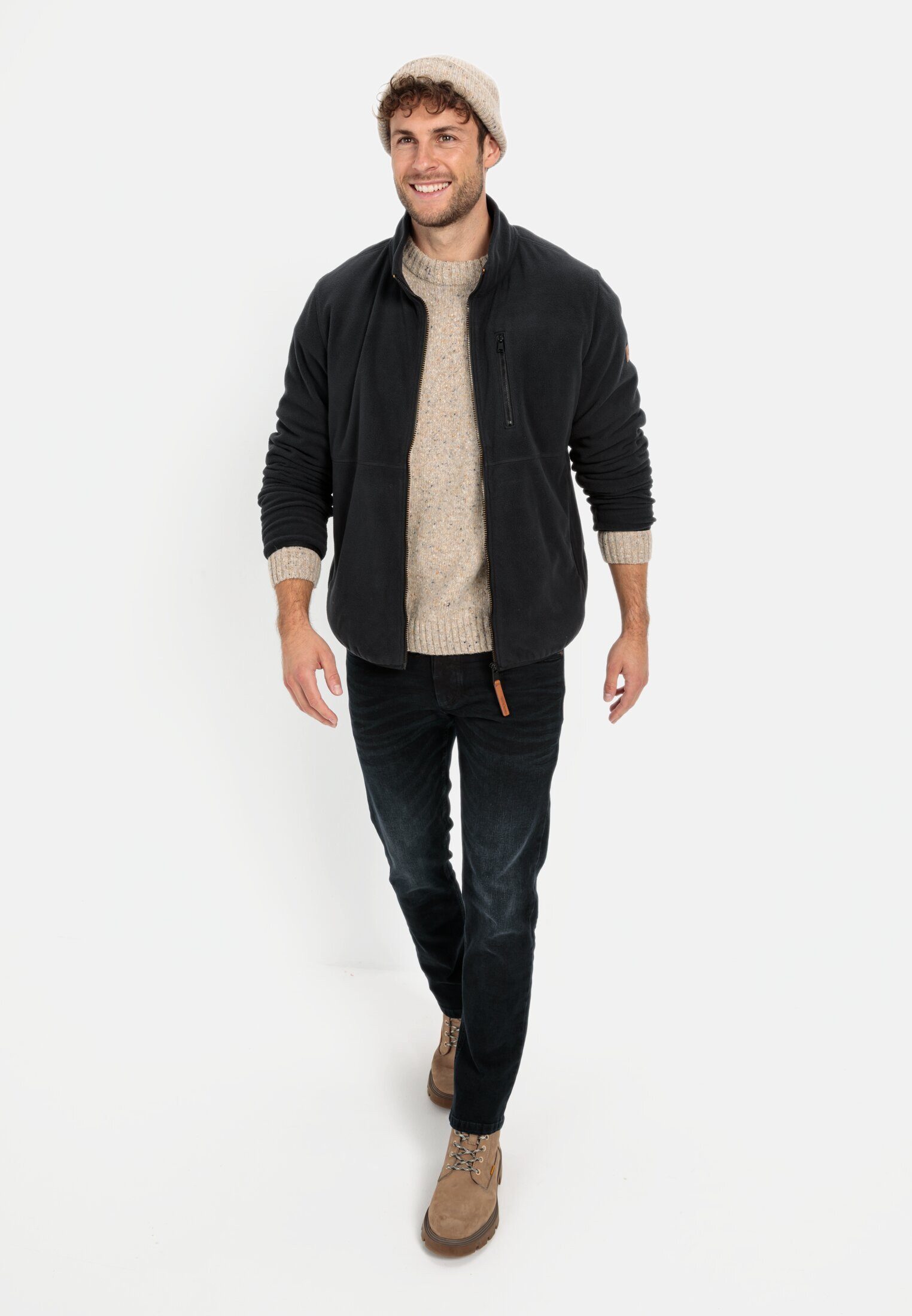 camel active Fleecejacke aus recyceltem Polyester Langarm Markenlogo