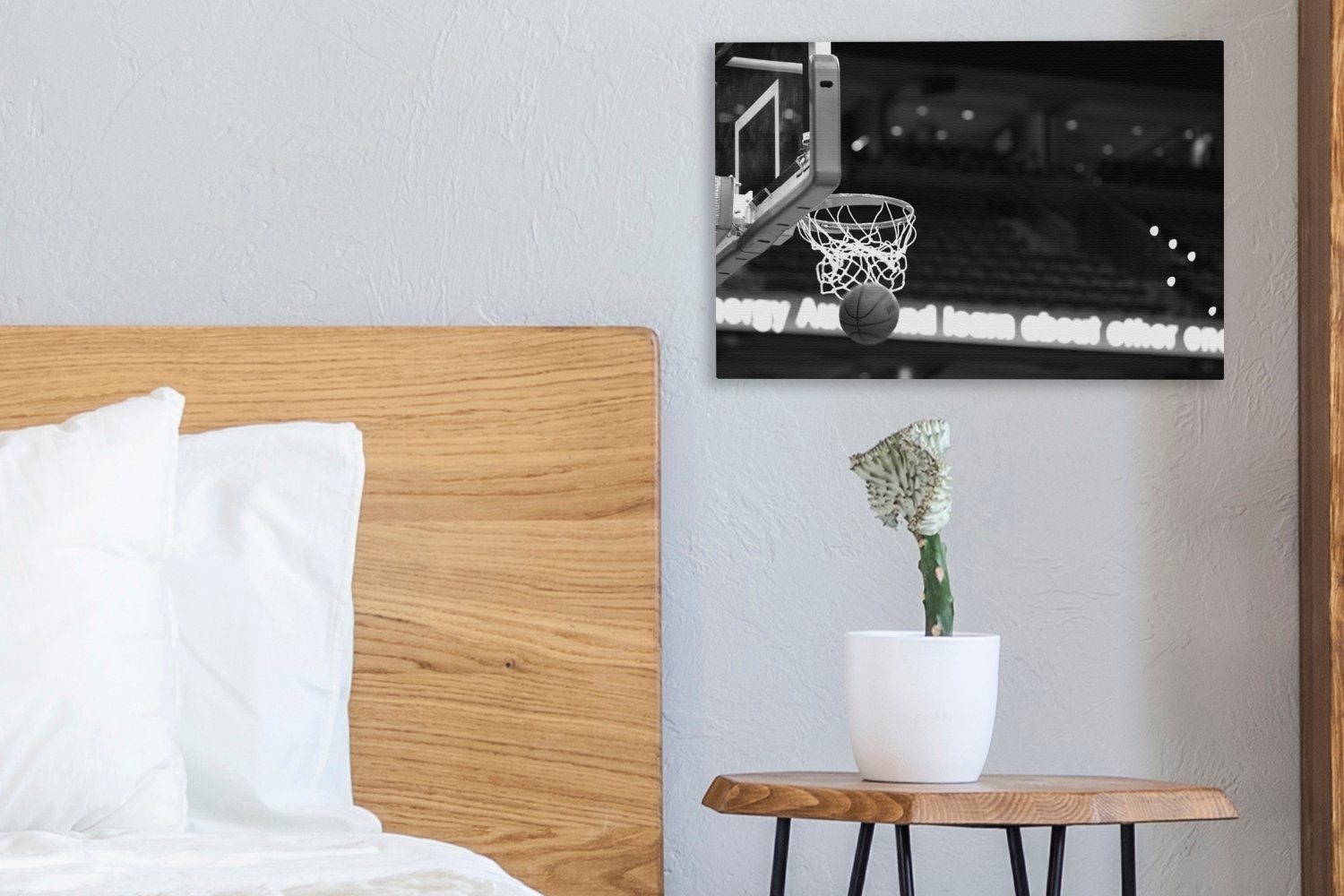 OneMillionCanvasses® Leinwandbild Basketball geht Wanddeko, Wandbild durch 30x20 Aufhängefertig, schwarz (1 St), den und Leinwandbilder, weiß, - Korb cm