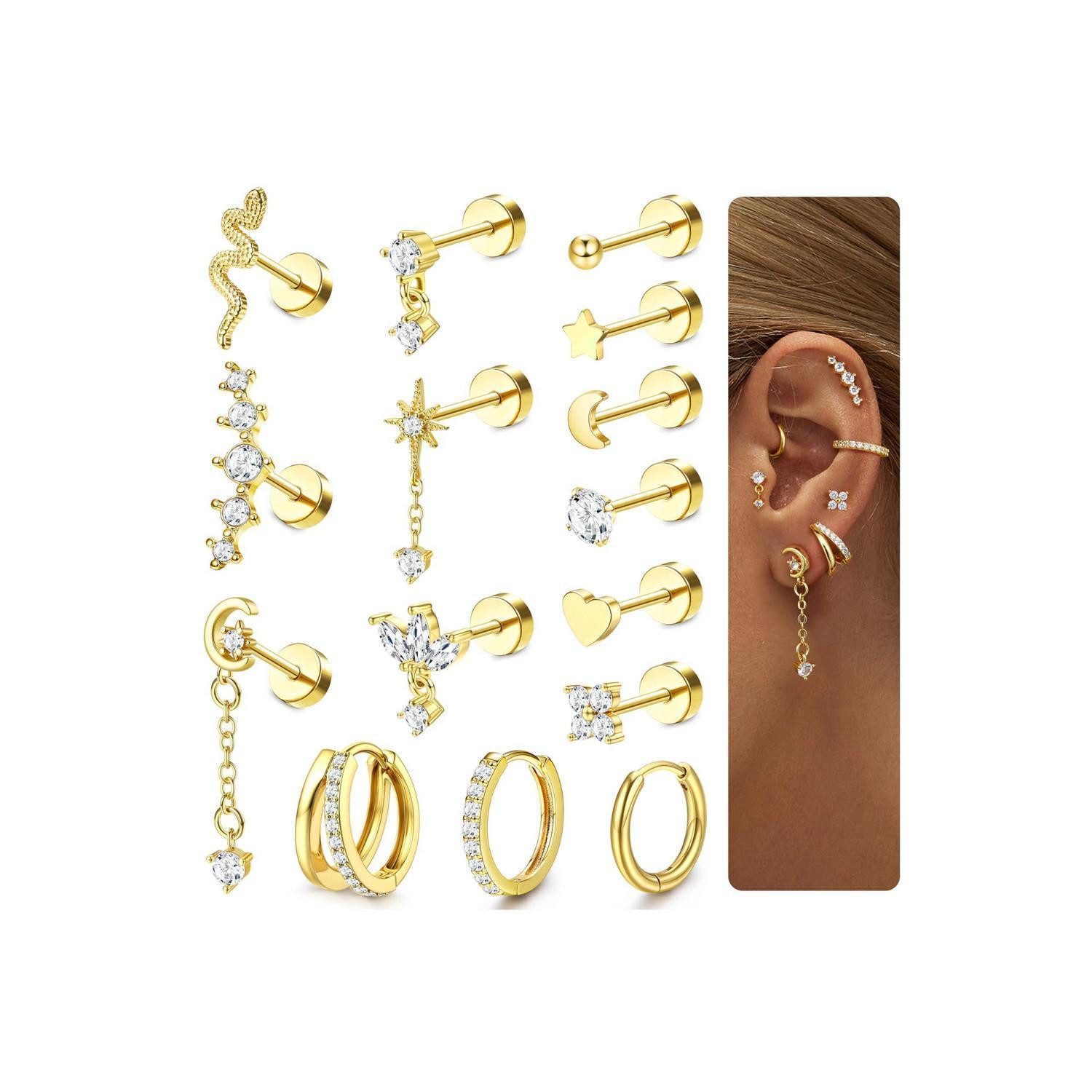 LuxusKollektion Ohrring-Set Piercing Ohr Set Gold/Silber 15tlg. Damen