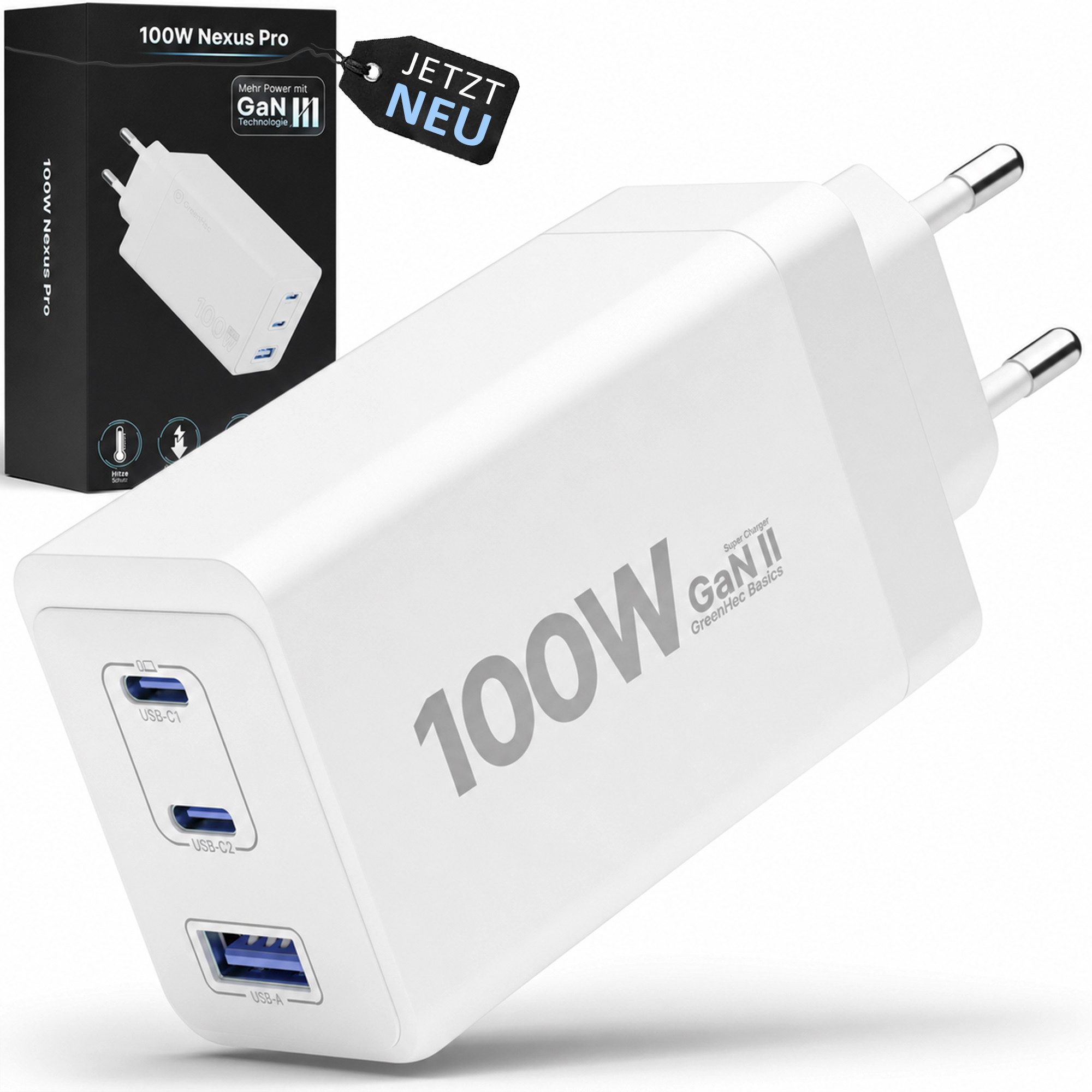GreenHec USB C Ladegerät 100w - GaN III Labtop, Macbook Mehrfach Charger PPS USB-Ladegerät (5,00 mA, Packung, 100w, Fast Charge Netzteil, Schnelllade Stecker iPad, Multi 3in1)